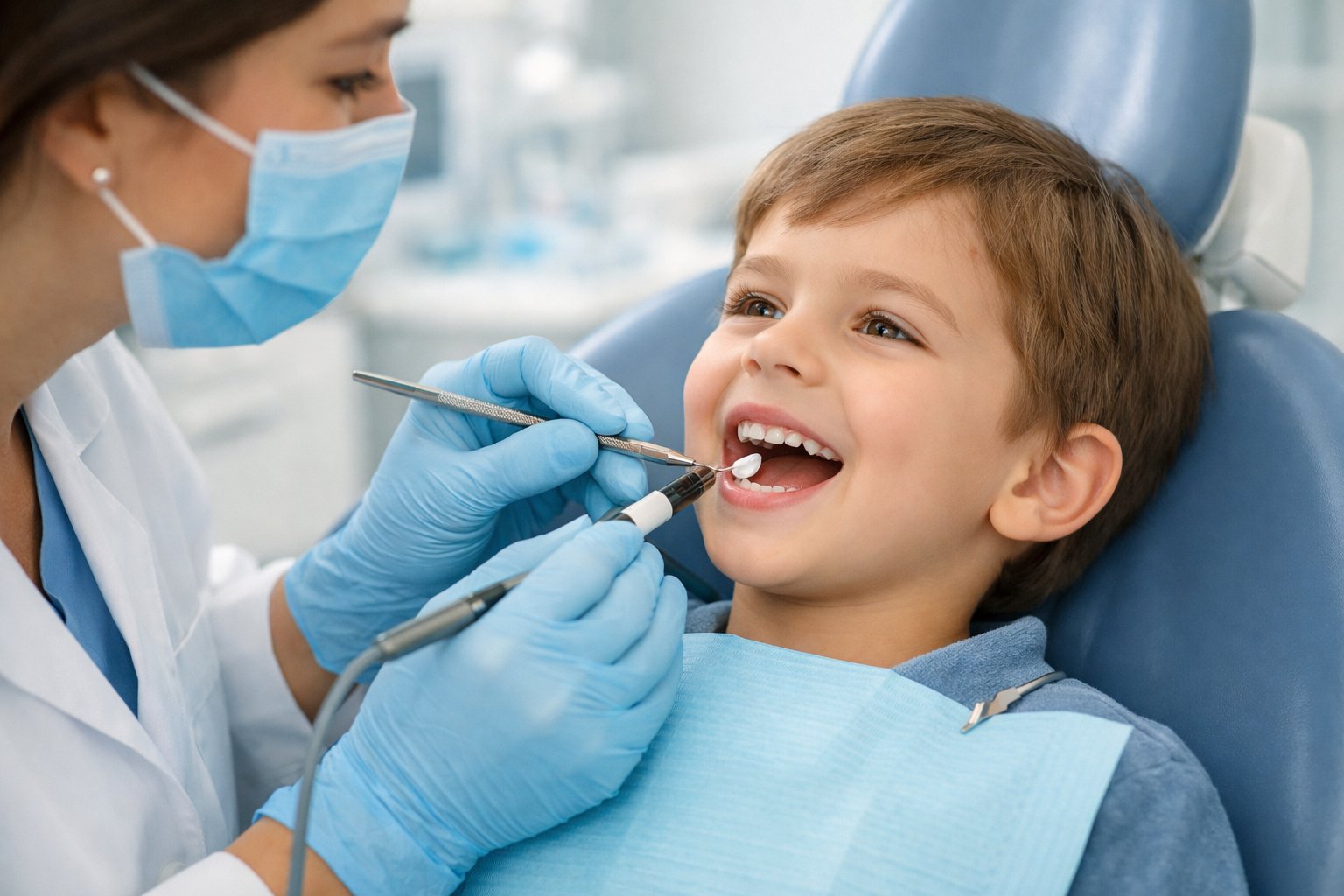 A child sitting in a dental chair while a dentist applies a dental sealant to their teeth in a dental clinic.