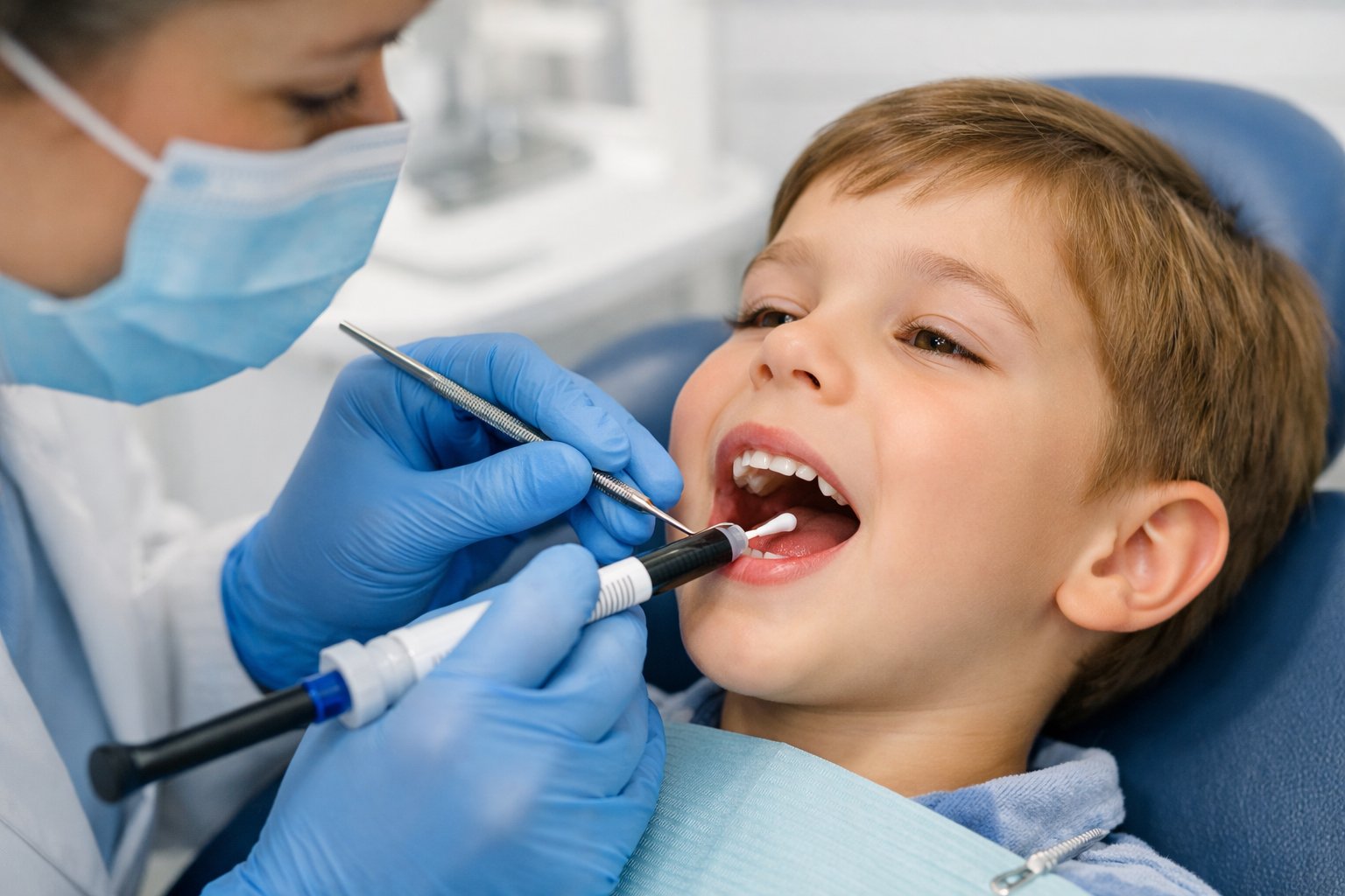 A dentist applying dental sealants to a young child's teeth in a dental clinic.