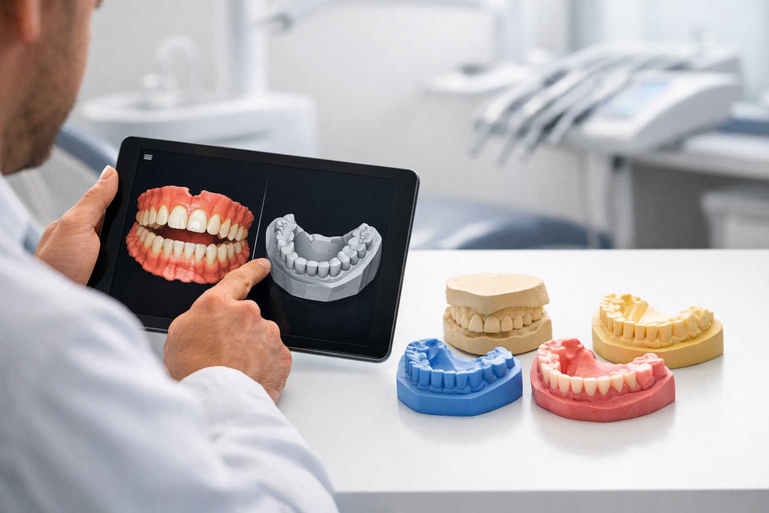 A dental professional compares a digital tablet showing 3D dental scans with traditional dental molds on a table in a dental office.