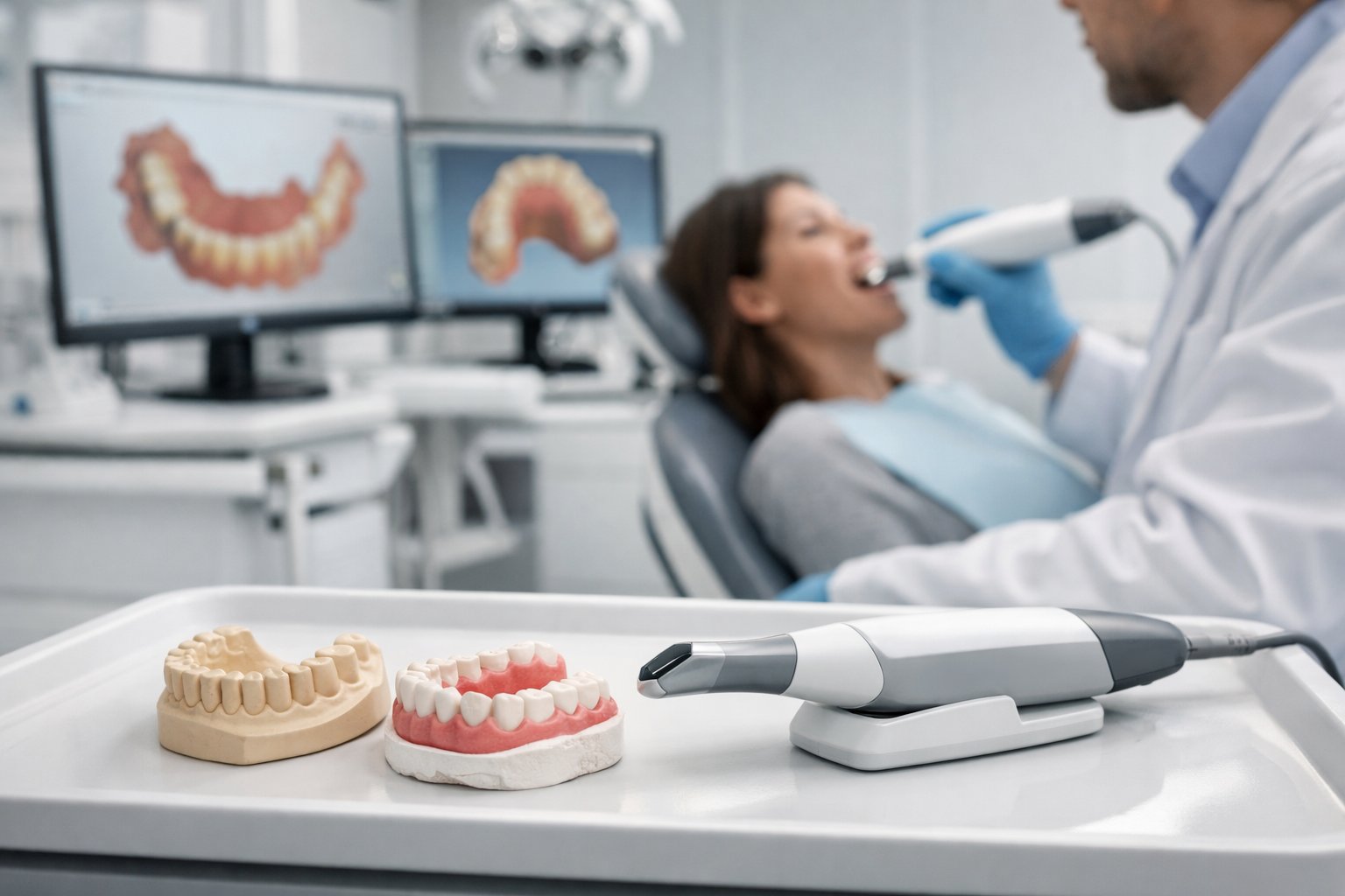 A dentist using a digital intraoral scanner near traditional dental molds on a tray in a dental clinic with a patient seated in the chair.