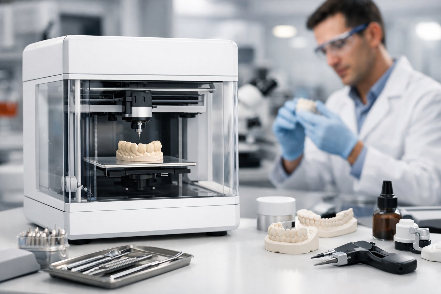 A dental technician in a lab coat working near a 3D printer producing a detailed dental model in a clean dental laboratory.