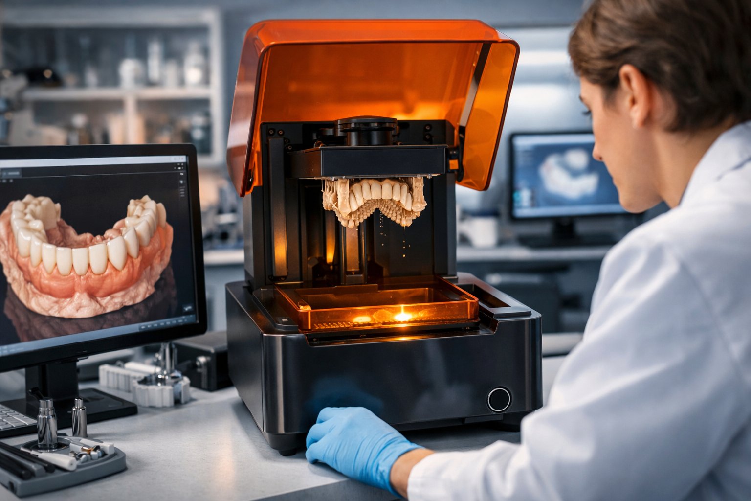 A dental technician monitoring a 3D printer creating a dental model in a modern dental laboratory with digital screens showing 3D dental designs.