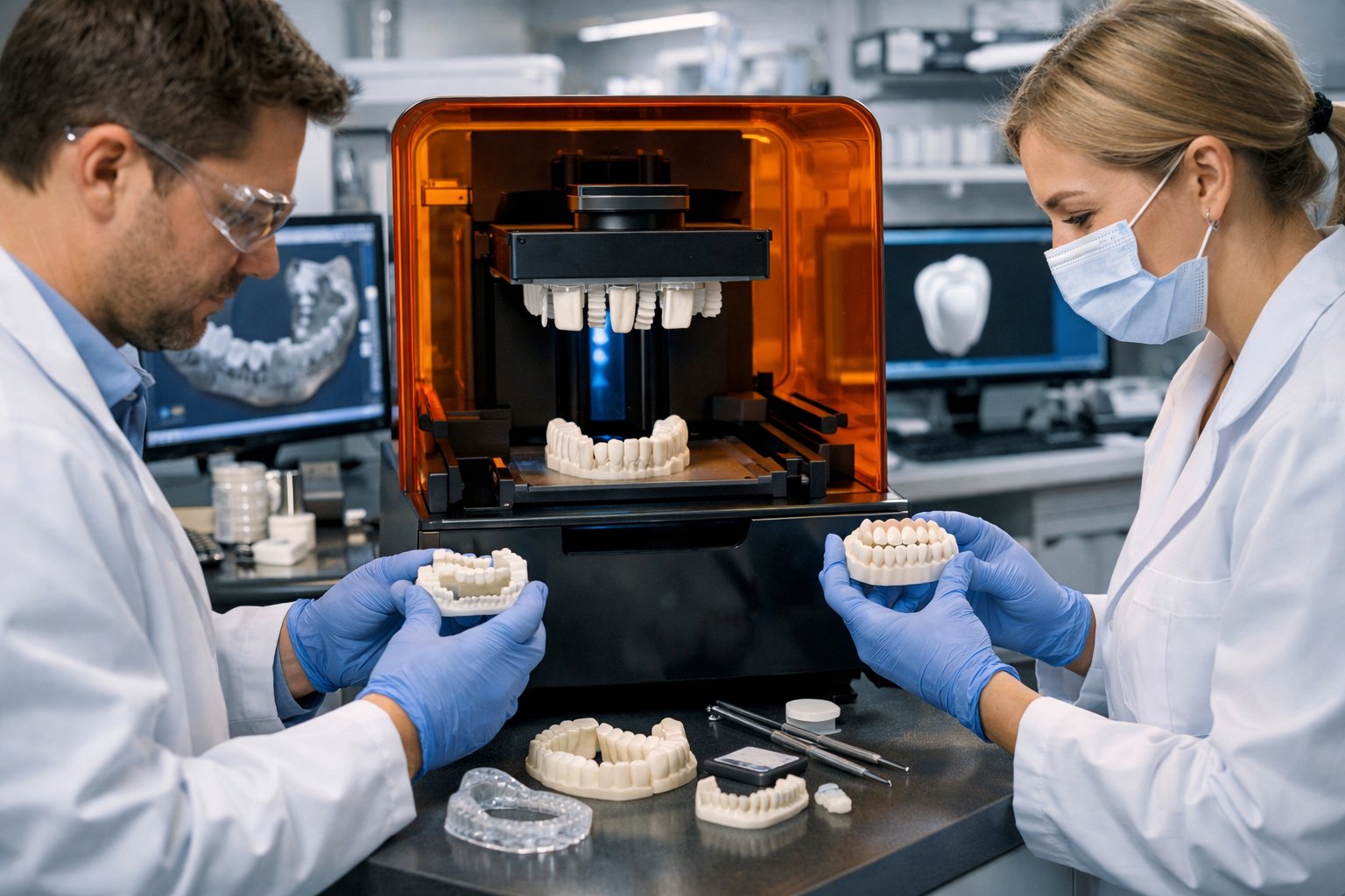 Dental professionals working in a laboratory with a 3D printer producing dental models and digital dental equipment around them.