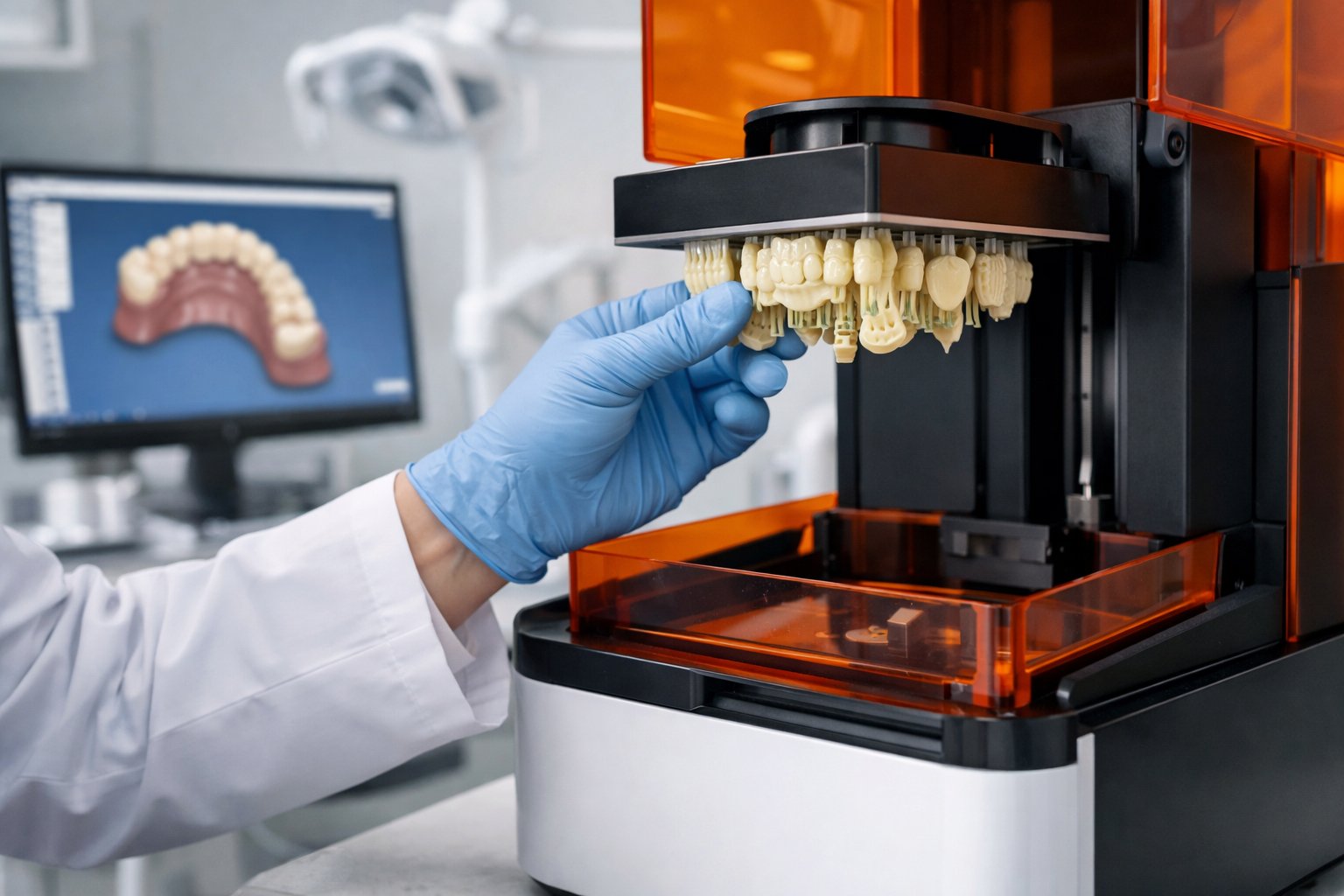 A dental professional operating a 3D printer in a modern dental clinic with dental models and computer screens in the background.