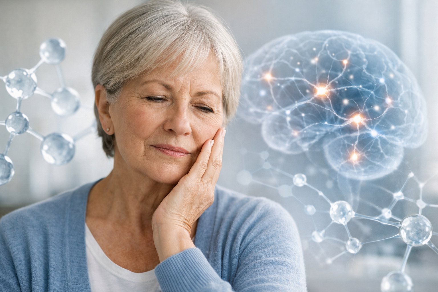 An elderly person touching their cheek with translucent neural and molecular structures in the background symbolizing the connection between oral health and Alzheimer's disease.
