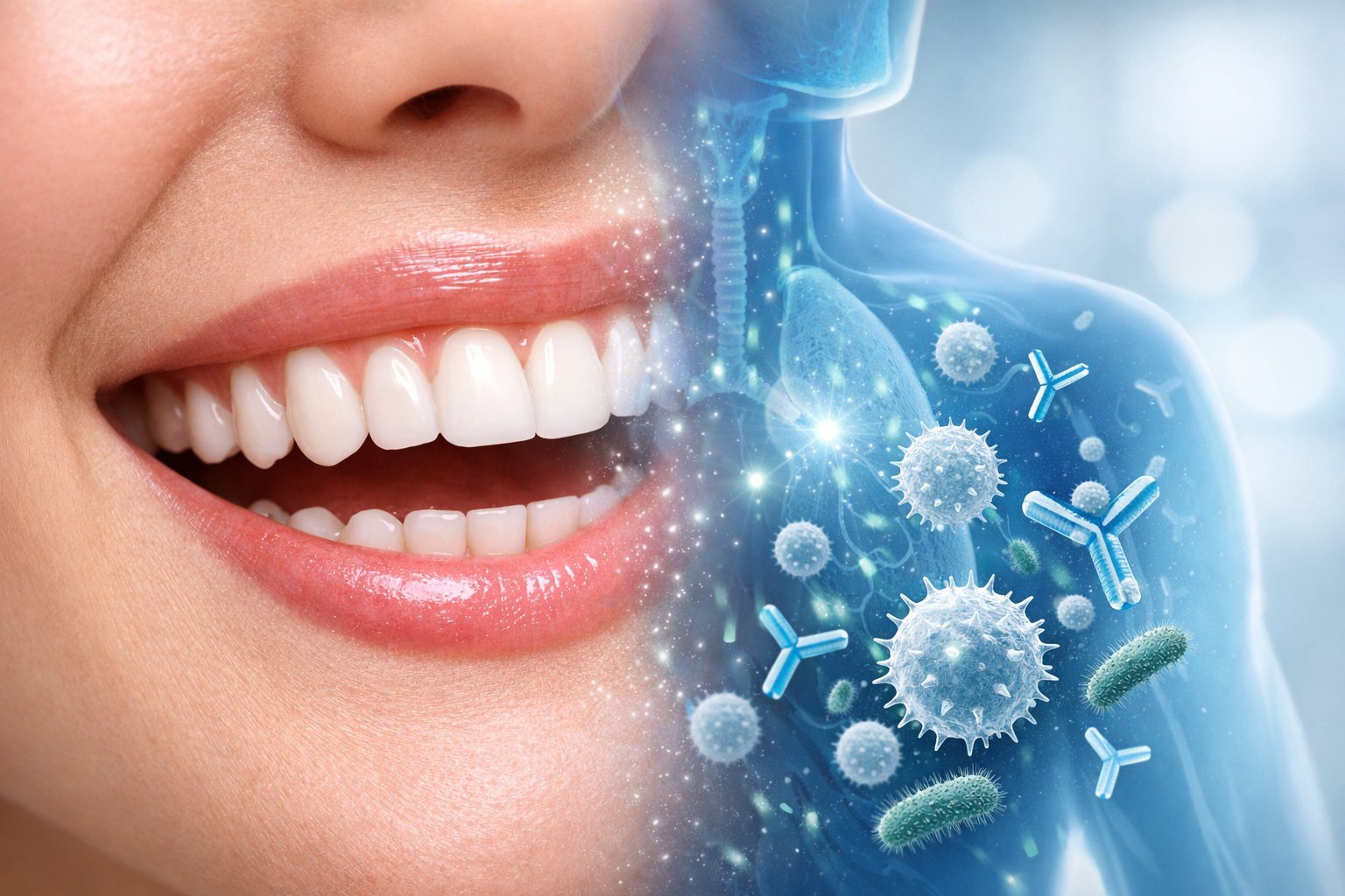 Close-up of a human mouth transitioning into a graphic of the immune system with white blood cells and antibodies.