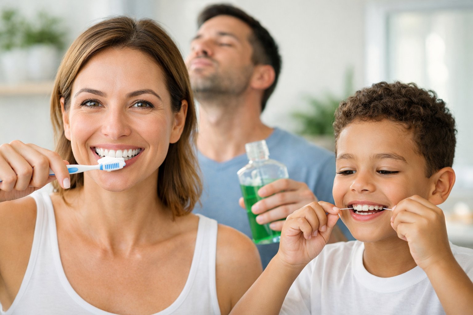 People practicing oral hygiene by brushing teeth, rinsing mouth, and flossing in a bright bathroom.