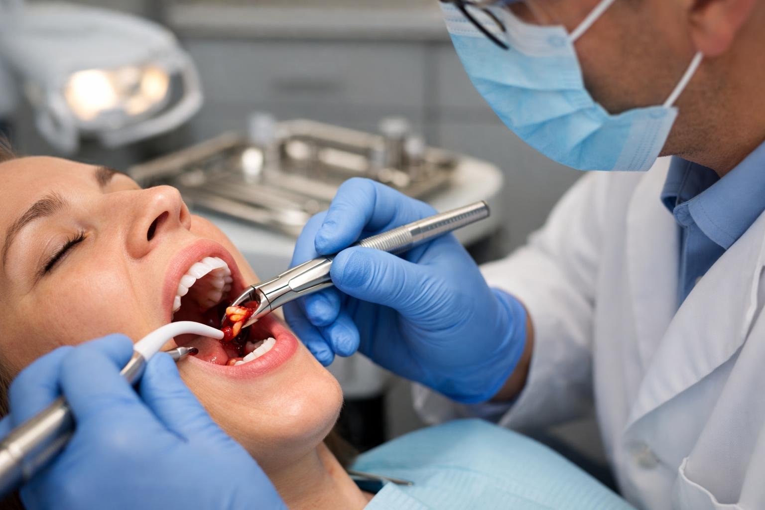 Dentist performing a tooth extraction on a patient in a dental clinic.