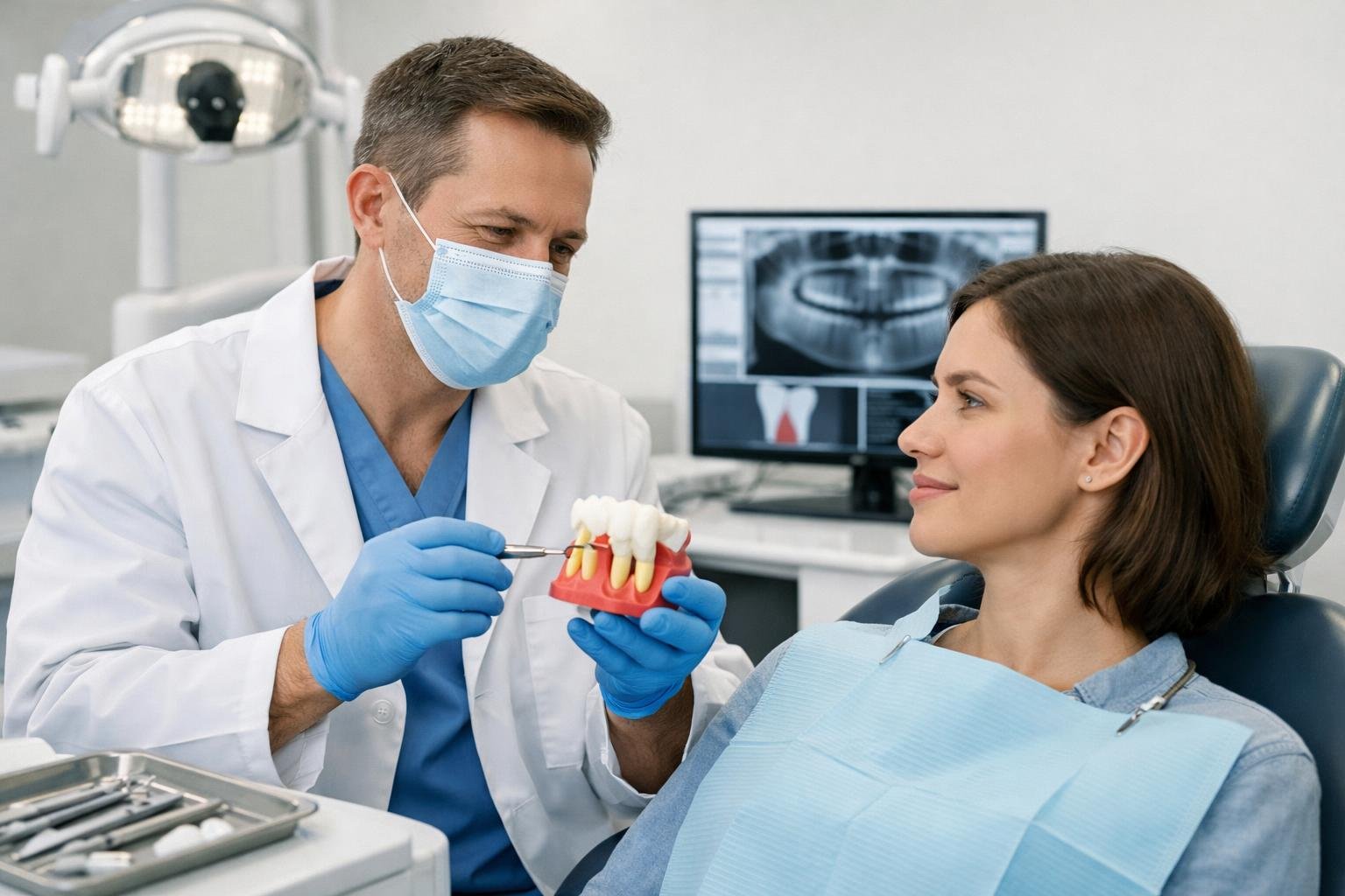 Dentist explaining tooth extraction procedure to a patient seated in a dental chair in a modern dental office.