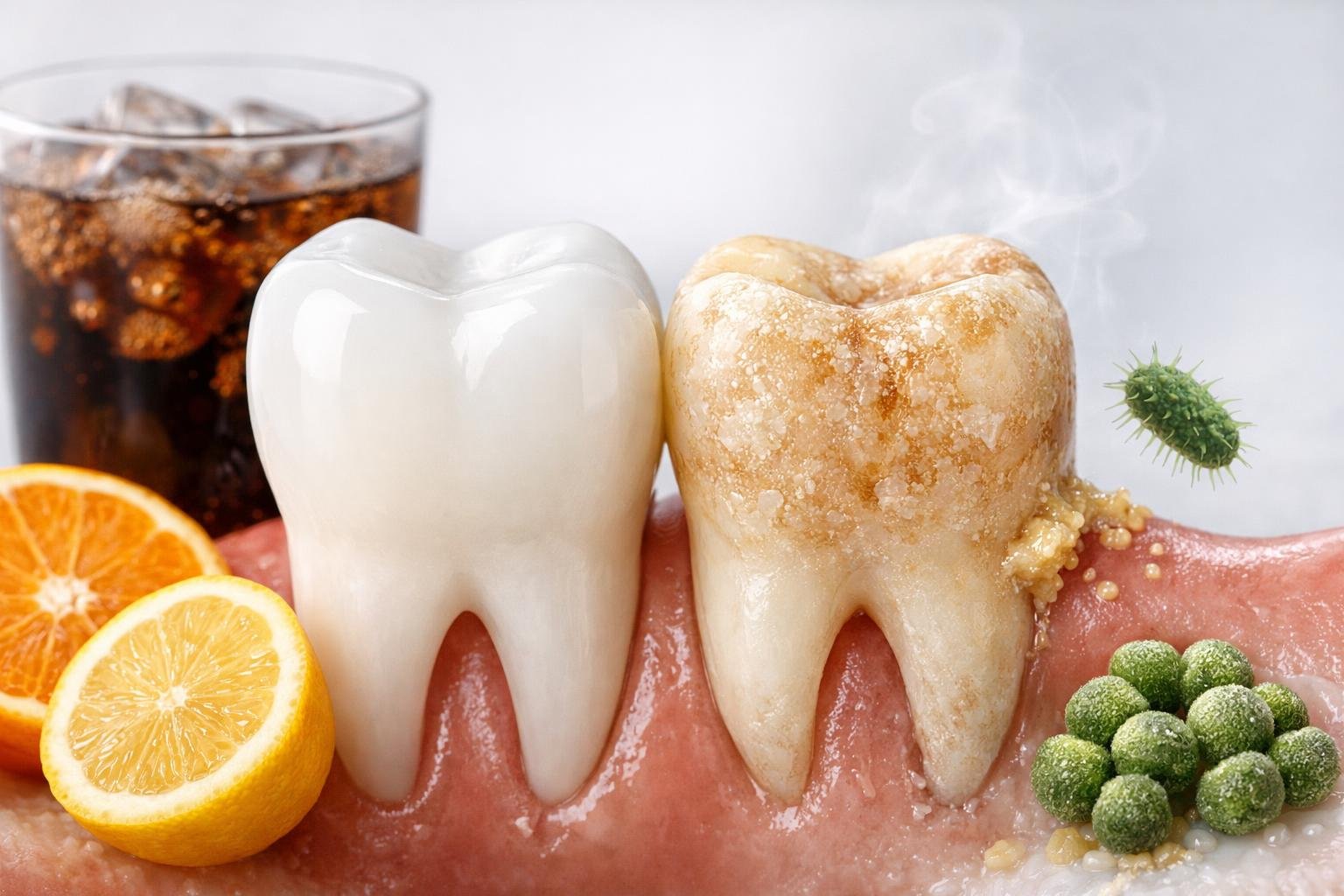 Close-up of a healthy tooth next to a tooth with visible enamel erosion, surrounded by images of acidic drinks and plaque.