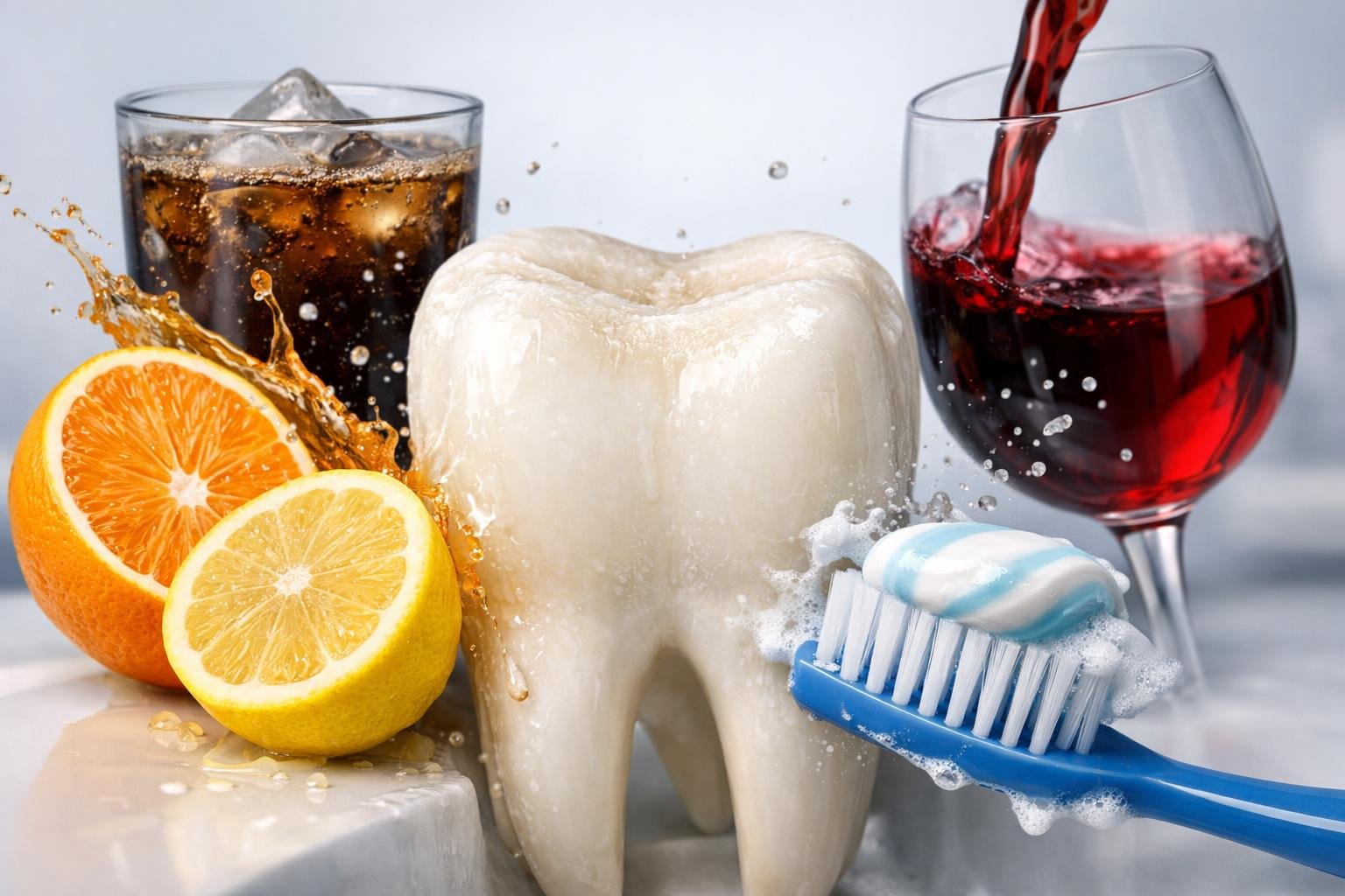 Close-up of a human tooth surrounded by acidic foods and a toothbrush, illustrating causes of tooth enamel erosion.