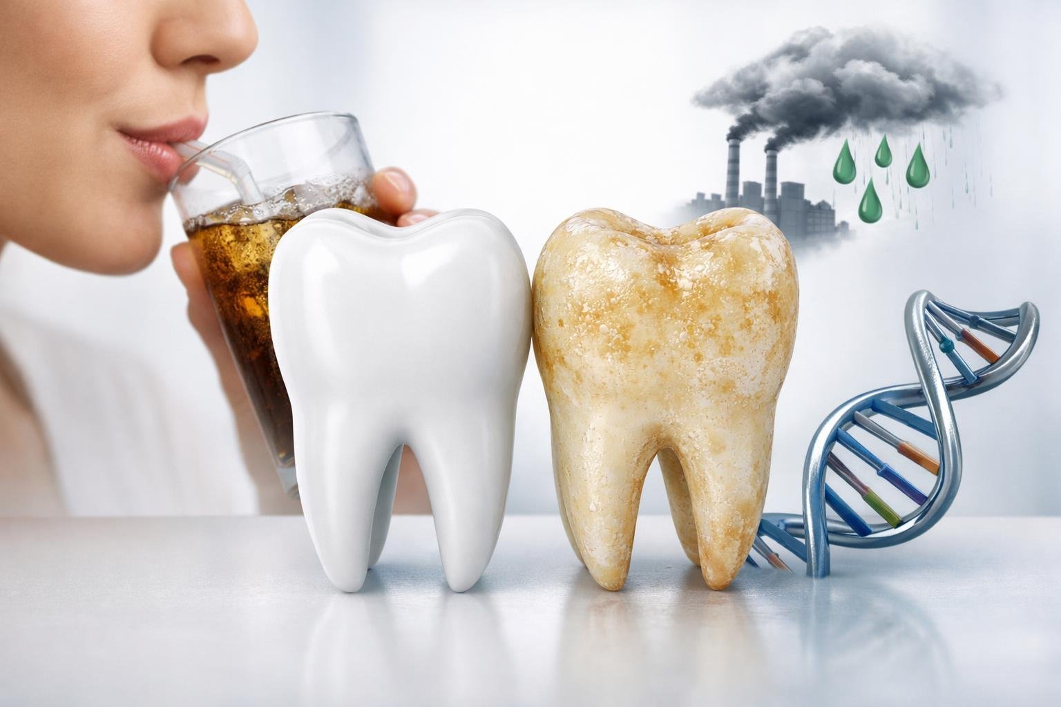 Close-up of a healthy tooth next to a tooth with enamel erosion, surrounded by symbols of acidic drinks, pollution, and a DNA strand.