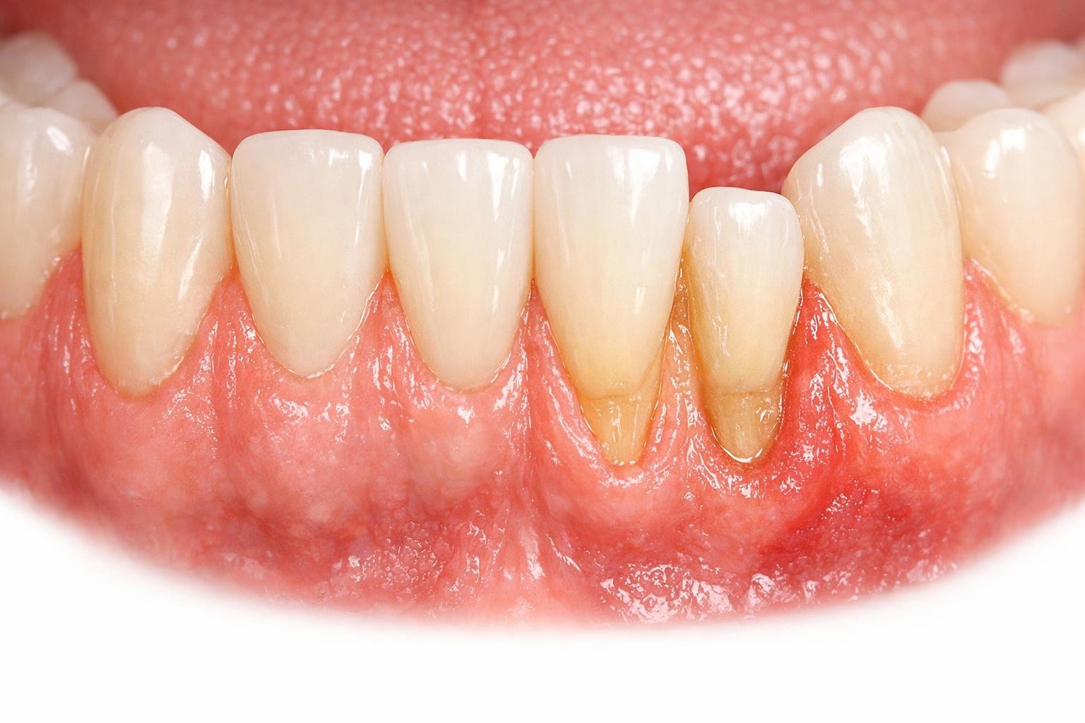 Close-up of a human mouth showing teeth and gums with visible gum recession around the lower front teeth.