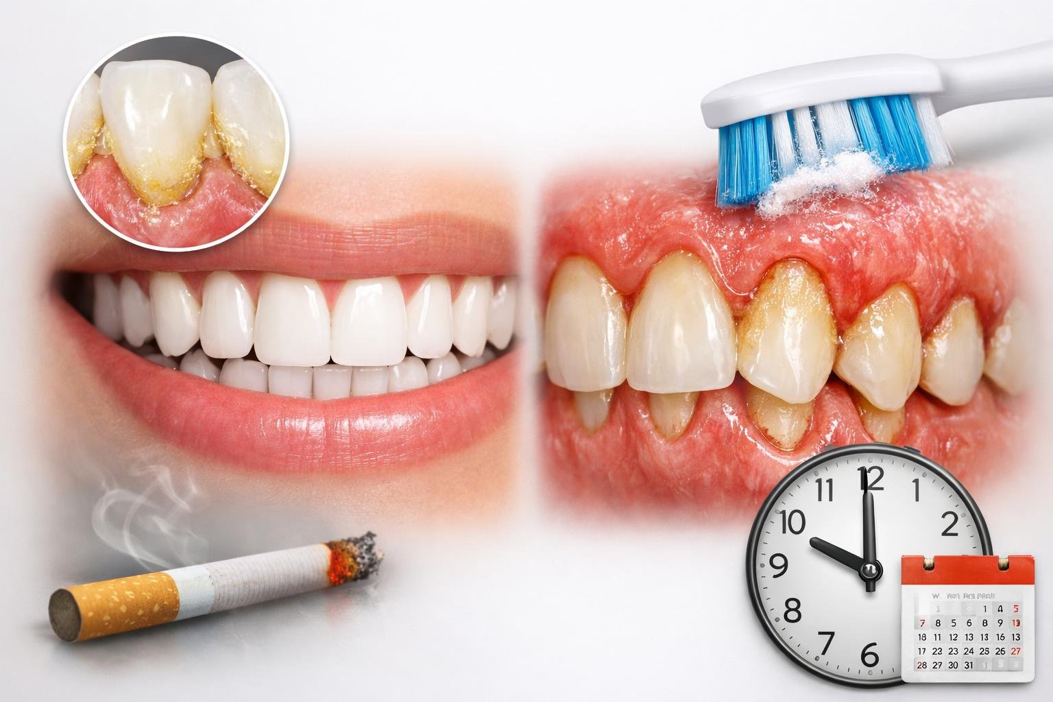 Close-up comparison of healthy gums and gums affected by recession with visual elements representing causes like plaque, brushing, smoking, and aging.