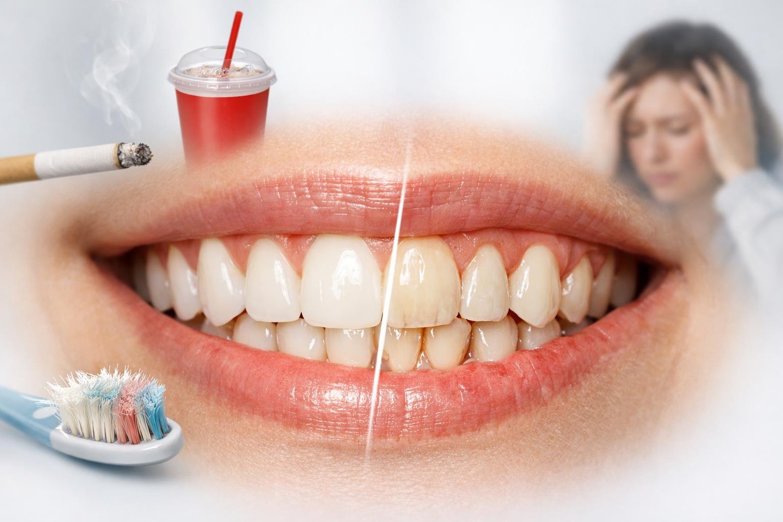 Close-up of a person's mouth showing healthy gums on one side and receding gums on the other, surrounded by symbols representing smoking, sugary drinks, poor oral hygiene, and stress.