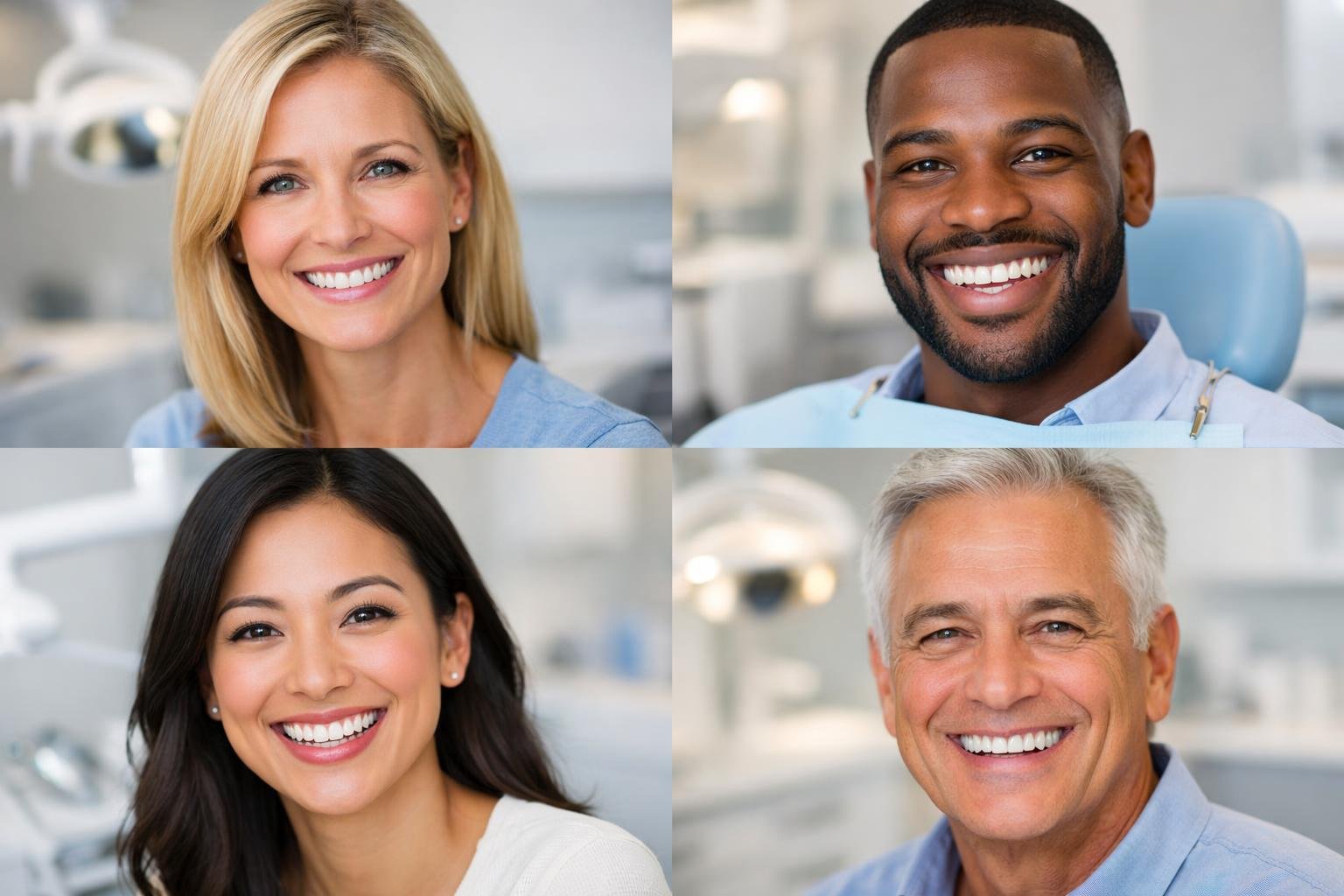 A group of diverse adults smiling confidently in a modern dental clinic.