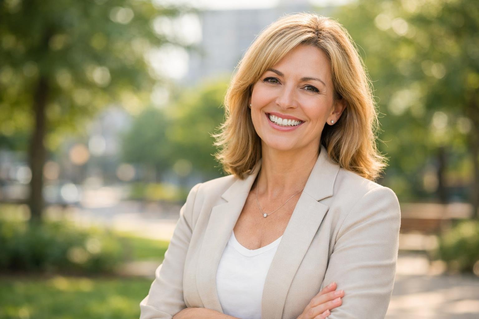 A confident middle-aged woman smiling outdoors in a park setting.