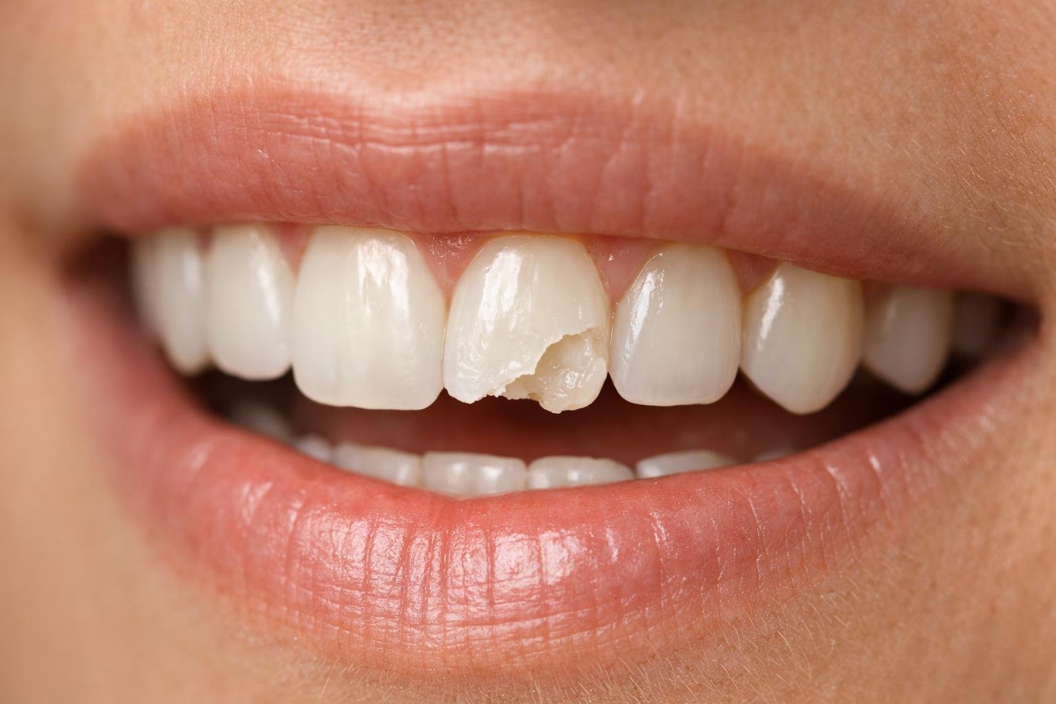 Close-up of a person's mouth showing a broken front tooth.