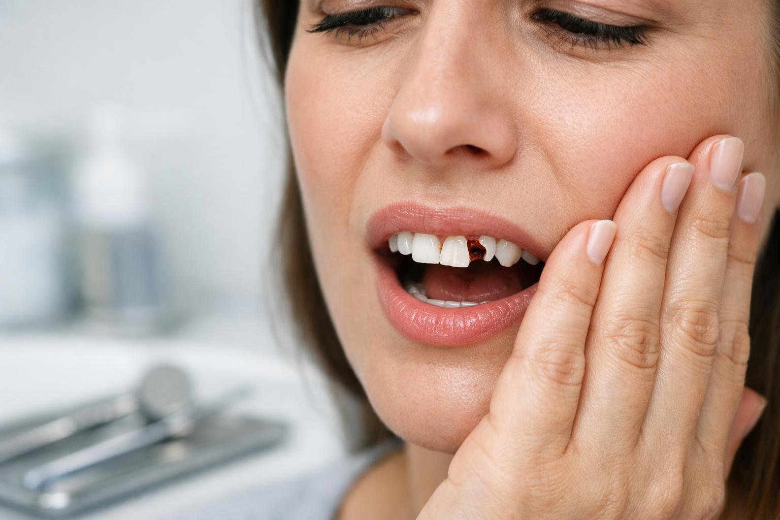 Close-up of a person touching their cheek with a broken tooth visible, in a dental office setting.