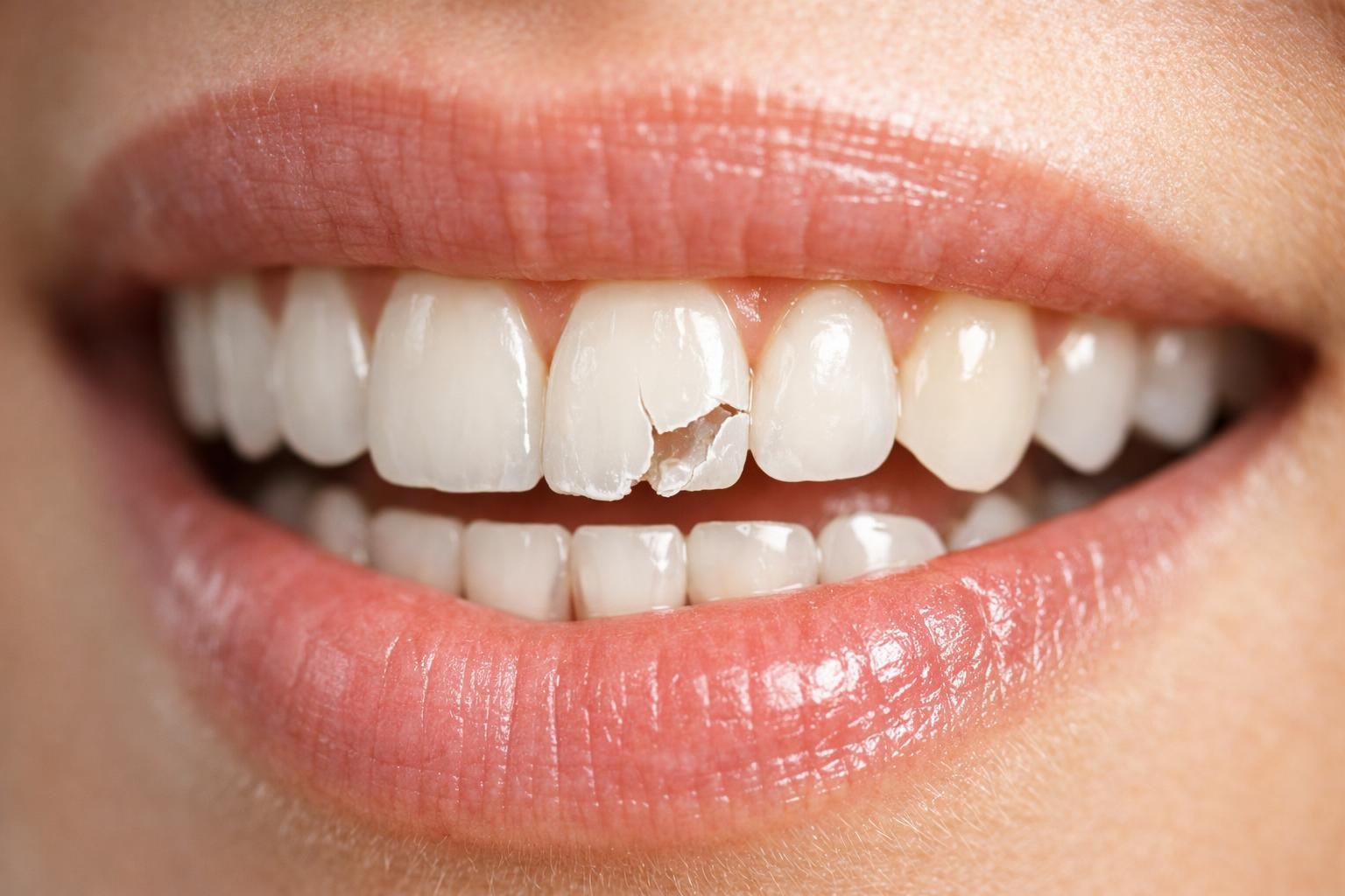 Close-up of a person's mouth showing a broken front tooth with lips slightly parted.