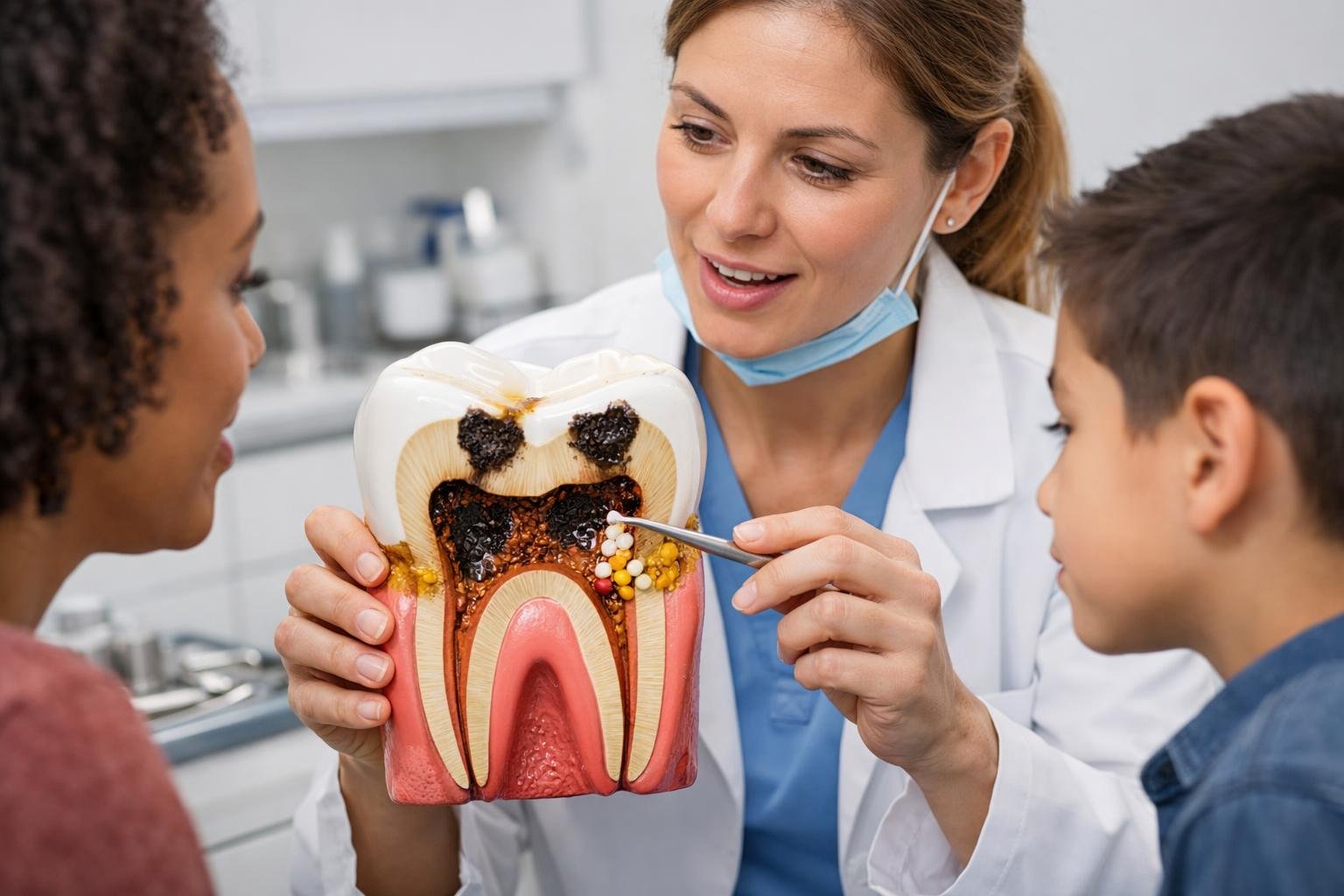 A dentist explaining tooth cavities to a patient using a large tooth model in a dental clinic.