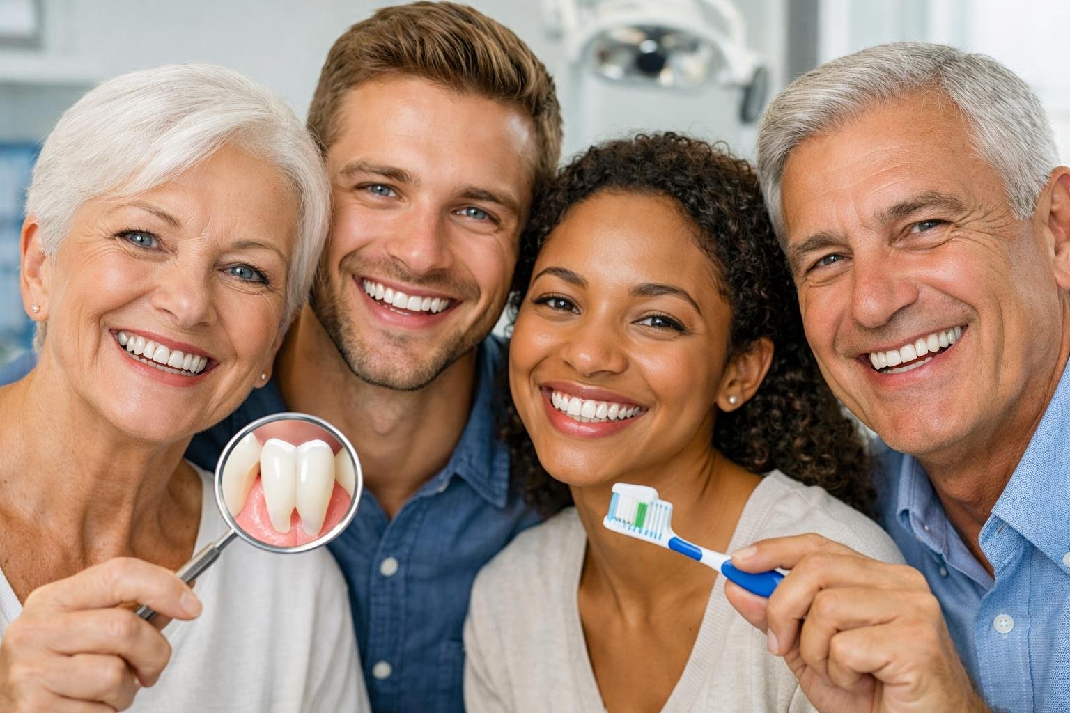 A group of people smiling and showing their teeth in a dental clinic, with dental tools visible in the background.