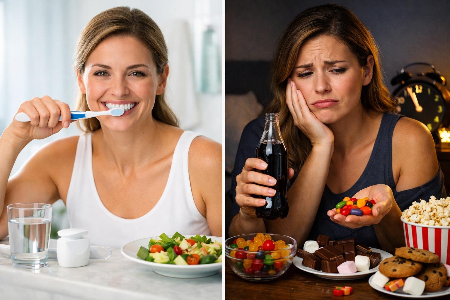 A person brushing their teeth on one side and eating sugary snacks on the other, showing habits that affect cavity risk.