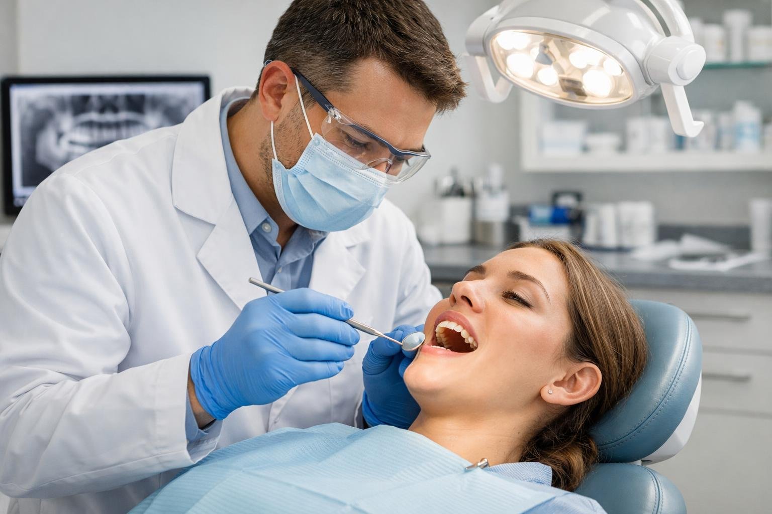 A dentist examining a patient's teeth in a dental clinic while the patient sits in a dental chair.