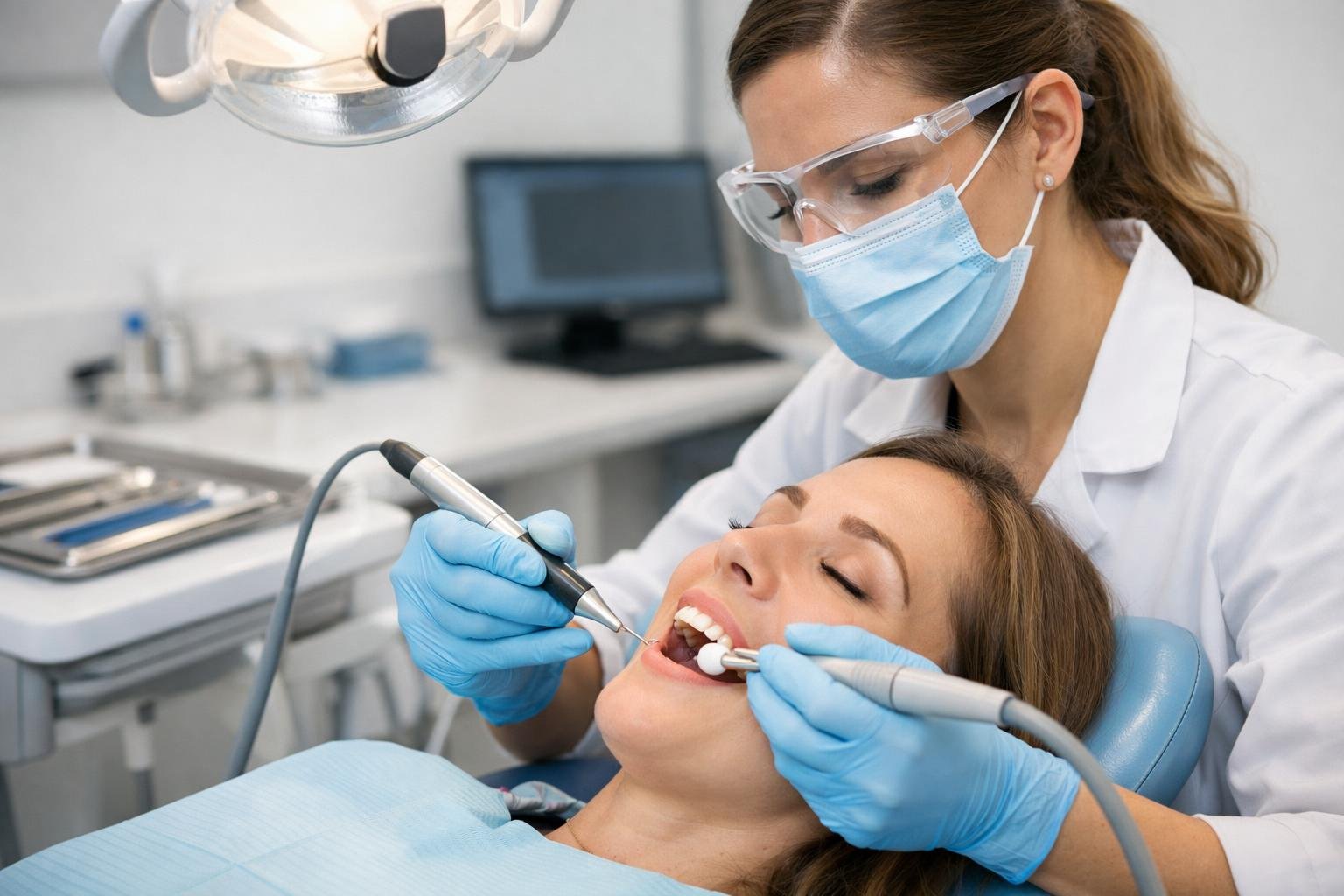 A dentist cleaning a patient's teeth in a dental office during a dental exam.