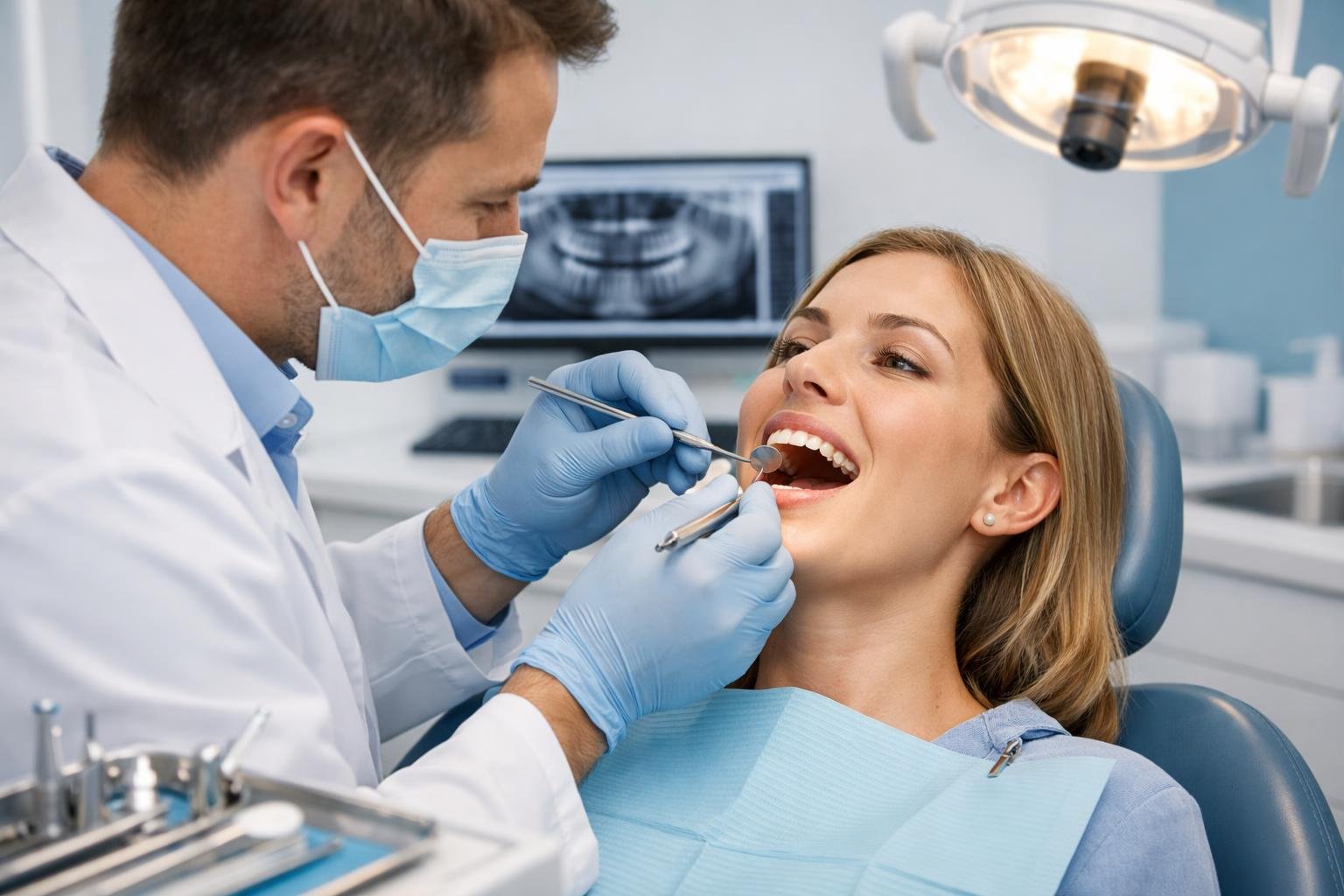 A dentist examining a patient's teeth during a dental checkup in a dental clinic.