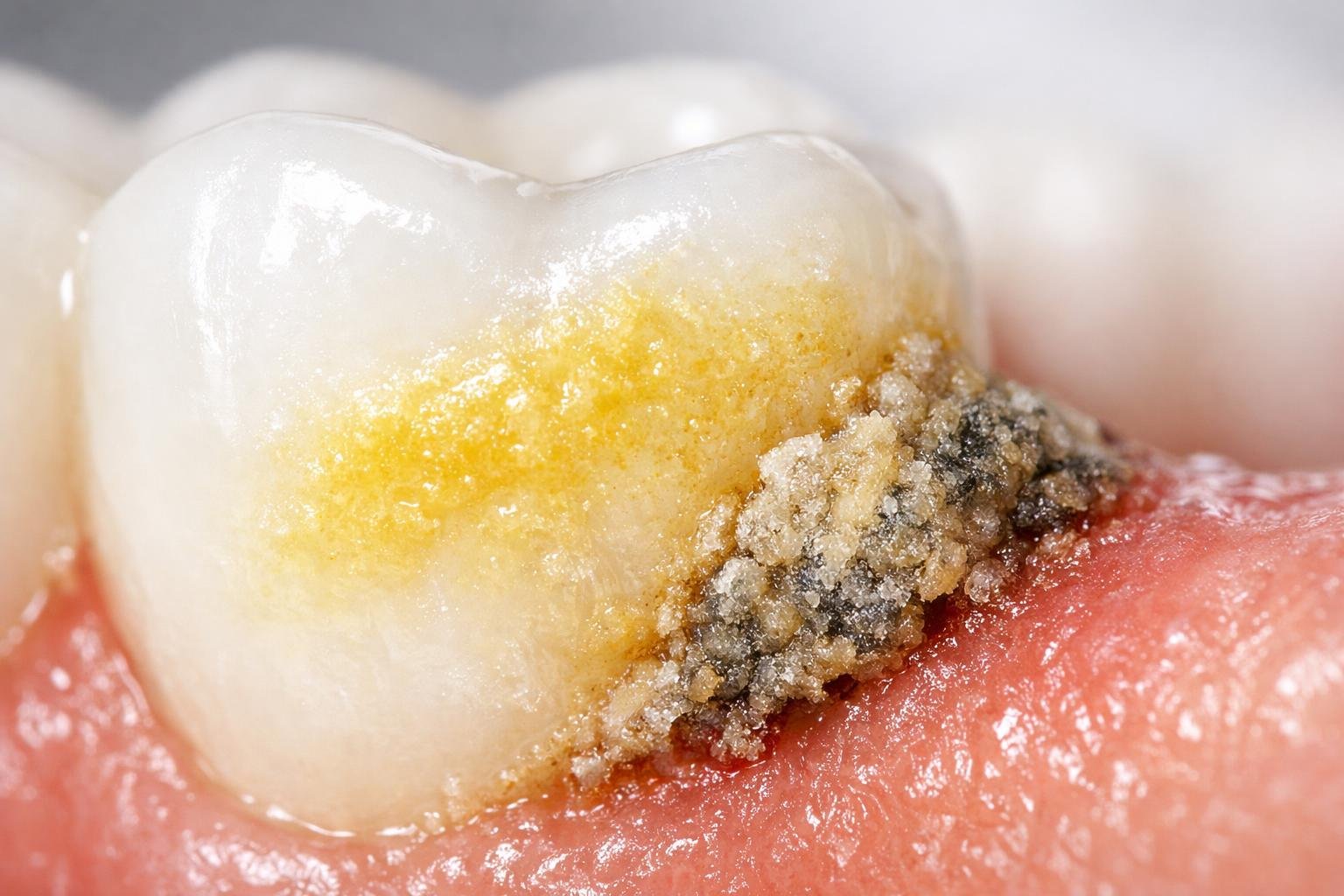 Close-up of a tooth showing yellow plaque and hardened tartar buildup near the gumline.