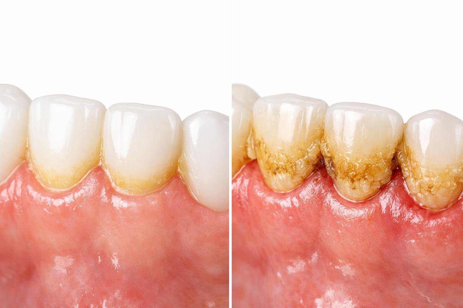 Close-up view of human teeth showing plaque buildup turning into hardened tartar along the gumline.