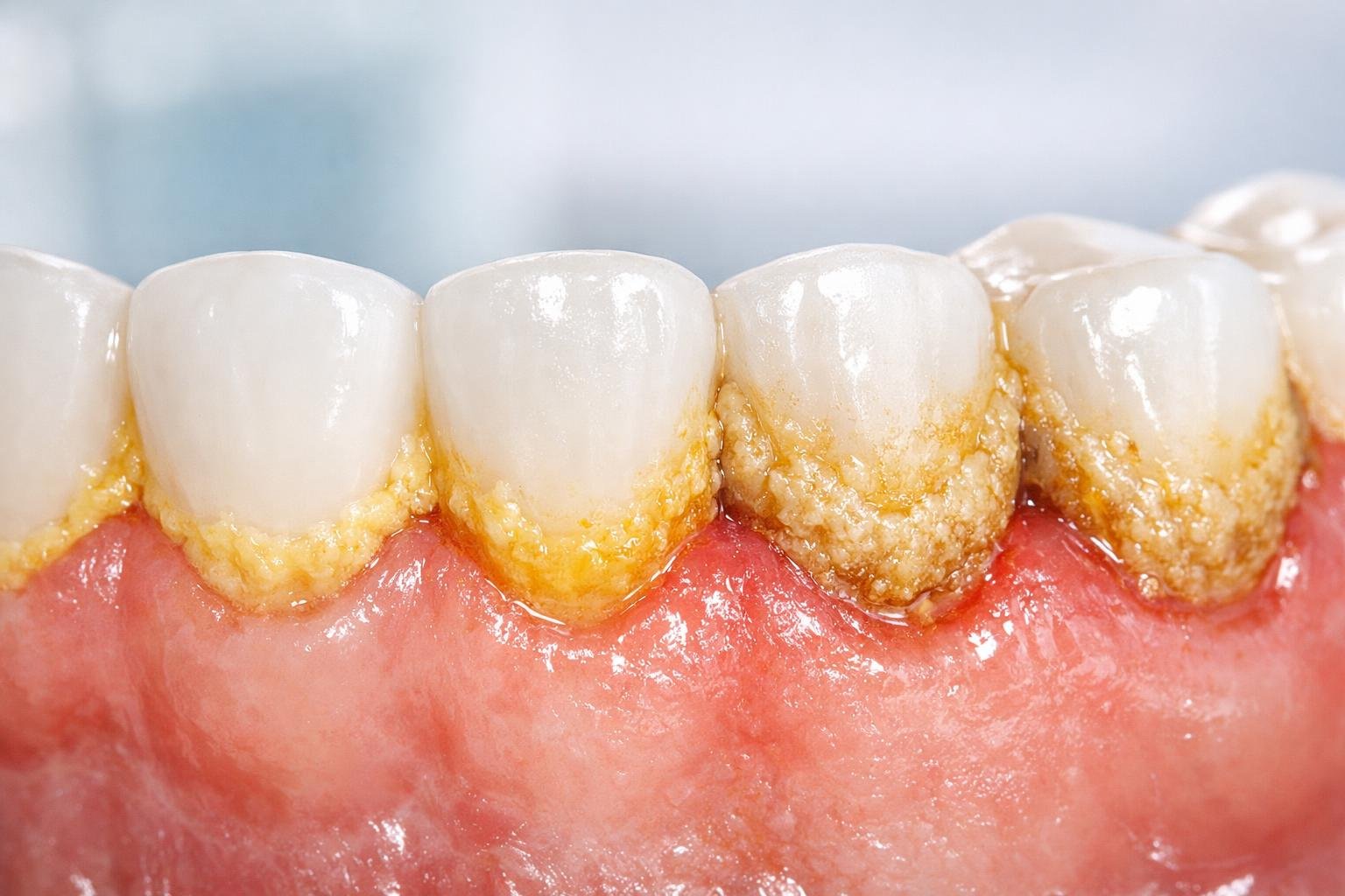 Close-up of teeth showing yellowish plaque turning into hardened tartar along the gumline with slightly inflamed gums.