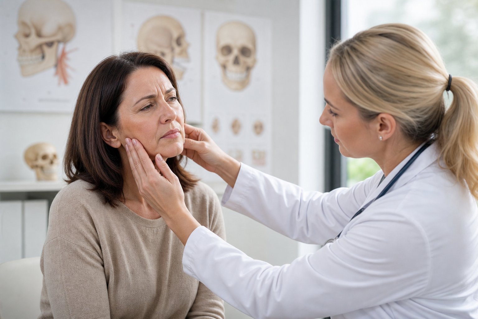 A woman touching her jaw while a healthcare professional examines her jaw in a medical clinic.