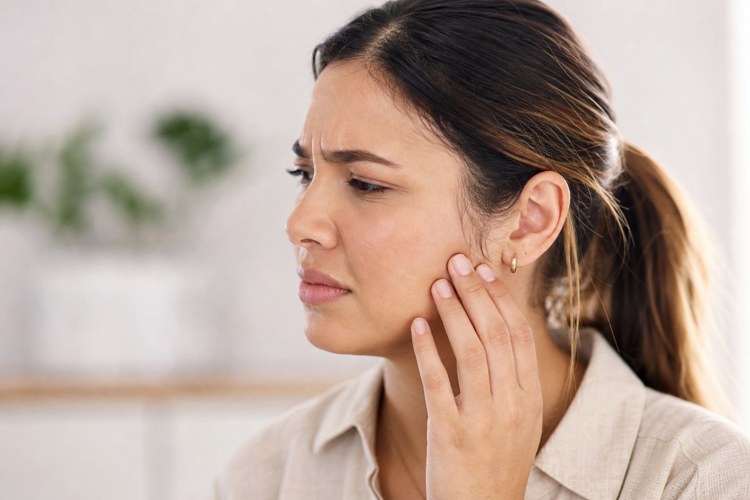 Close-up side view of a woman gently touching her jaw with a concerned expression.