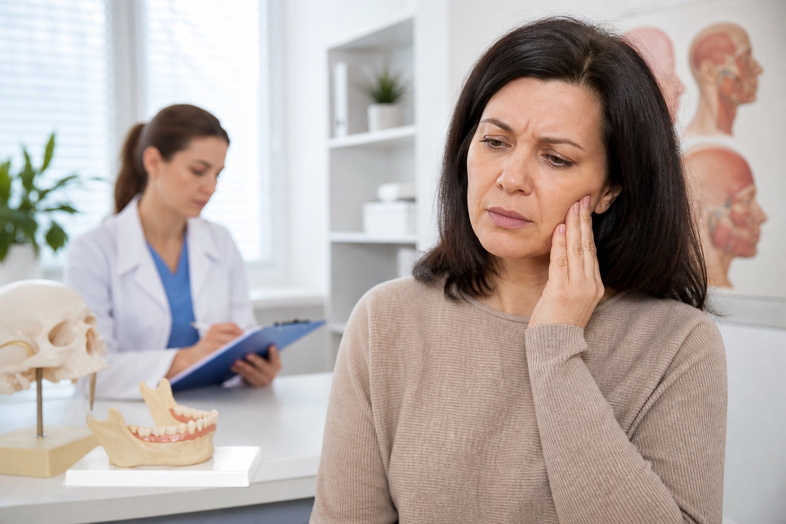 A woman touching her jaw with a concerned expression in a medical consultation room with a healthcare professional and anatomical models in the background.