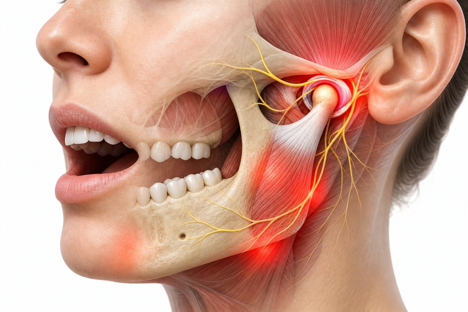 Close-up view of a human jaw showing bones, muscles, and joints with highlighted areas indicating sources of jaw pain.