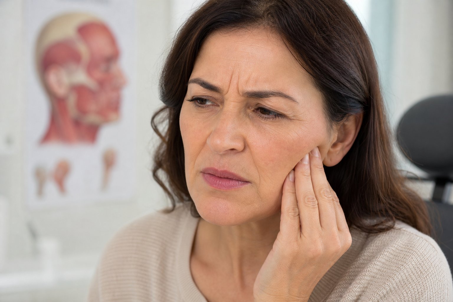 A person touching their jaw with a concerned expression in a medical office setting.