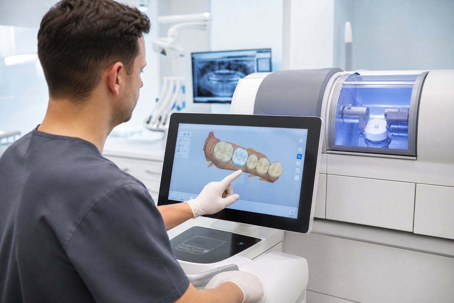 A dental professional using a digital CEREC machine to design a same-day dental crown in a modern dental clinic.