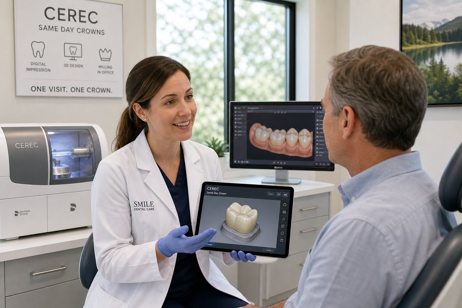 A dentist explains a tooth crown procedure to a patient in a modern dental clinic with dental equipment in the background.