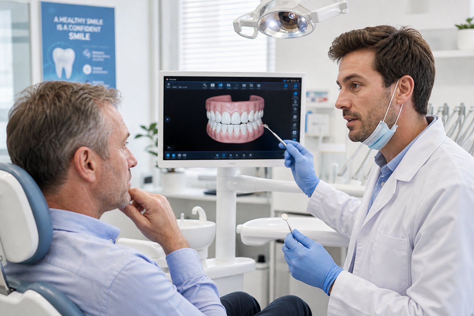 A dentist explains dental health to a patient in a dental clinic, pointing at a 3D teeth model on a screen.
