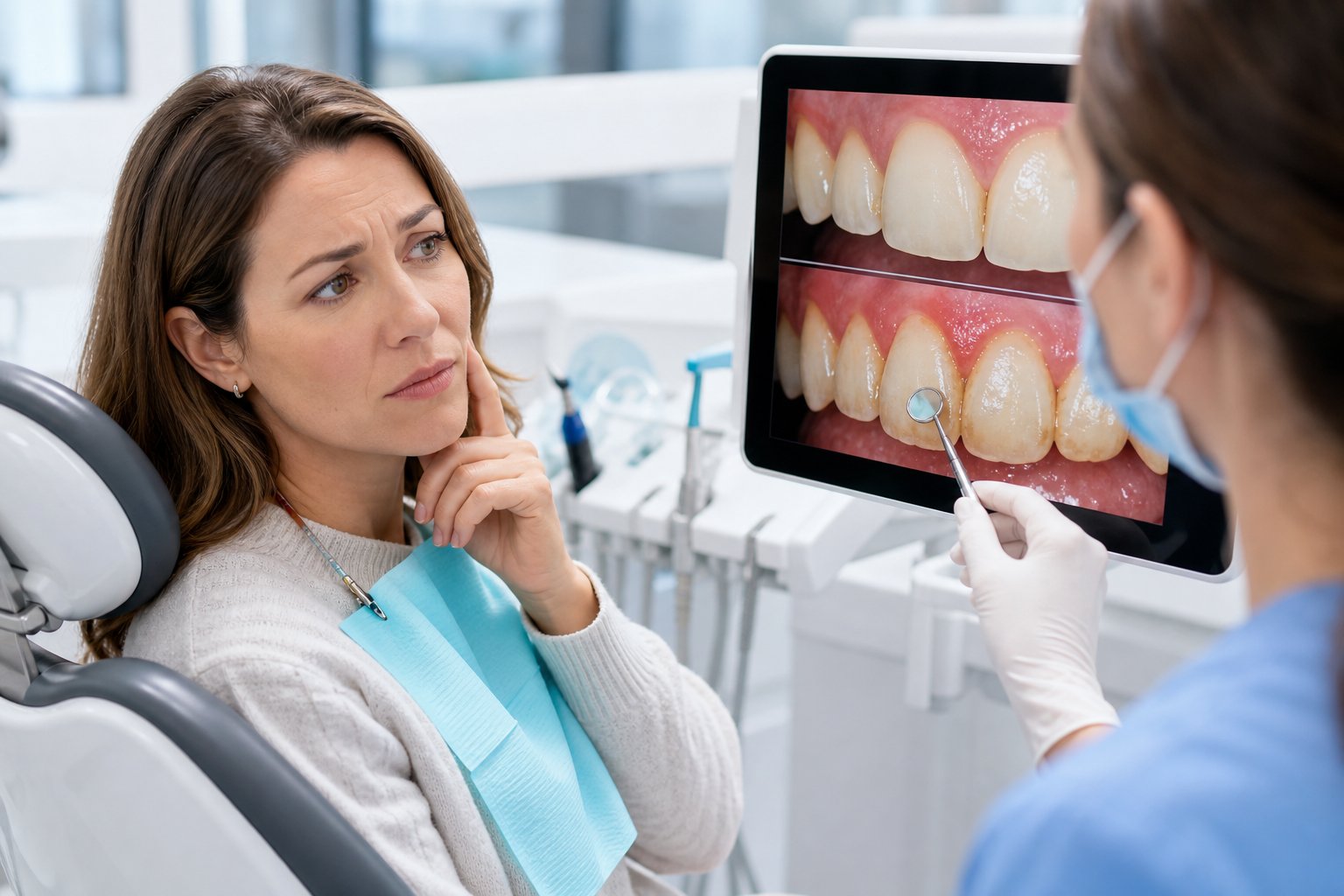 A woman in a dental chair listens attentively to a dental hygienist showing images of teeth with early signs of dental issues.