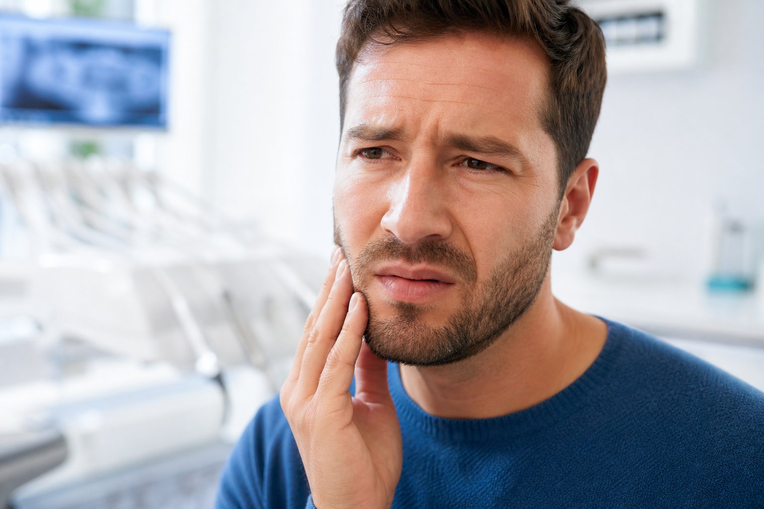 Close-up of a person touching their cheek with a concerned expression in a dental clinic.