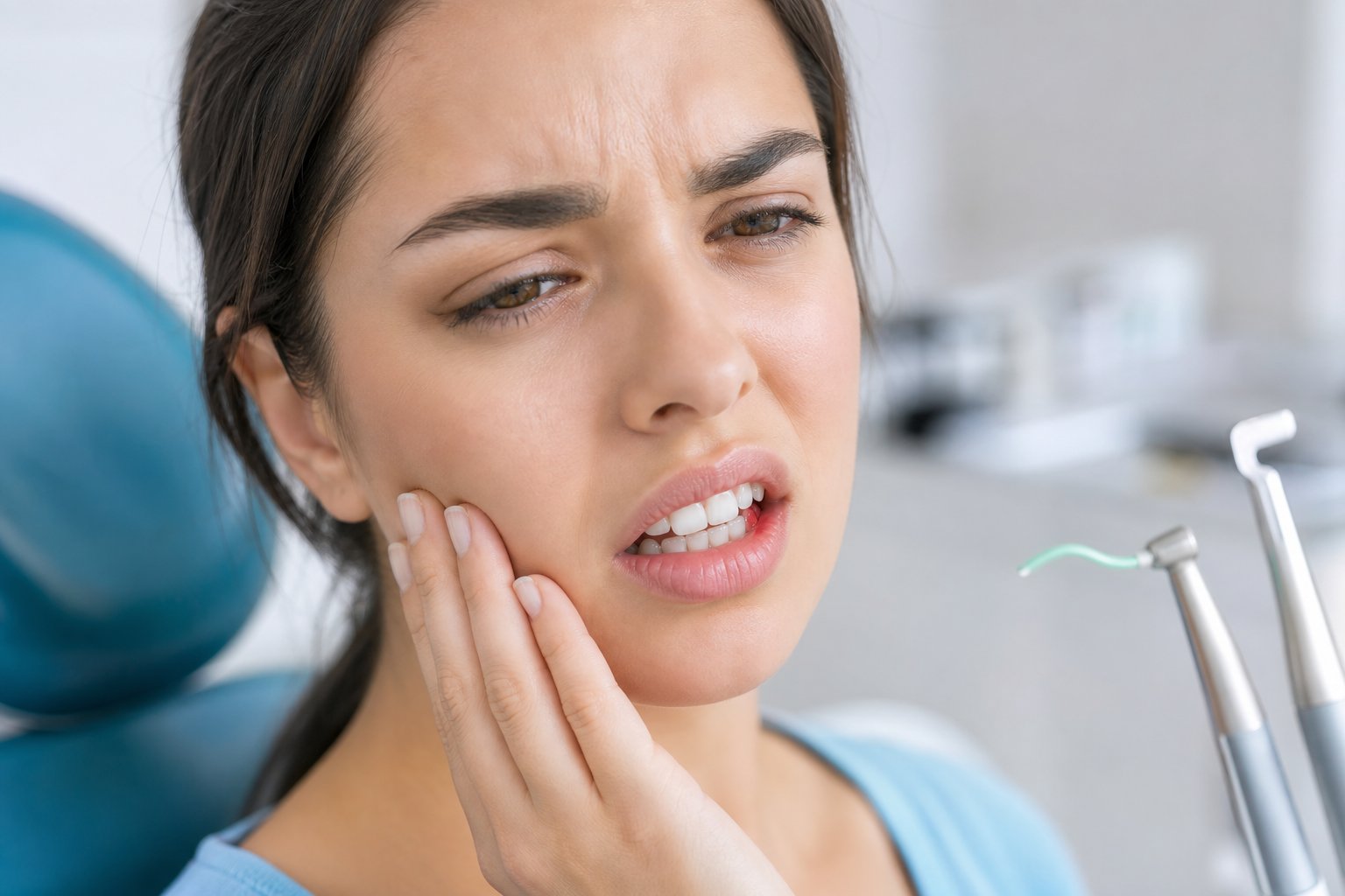 A person touching their cheek with a concerned expression in a dental clinic.