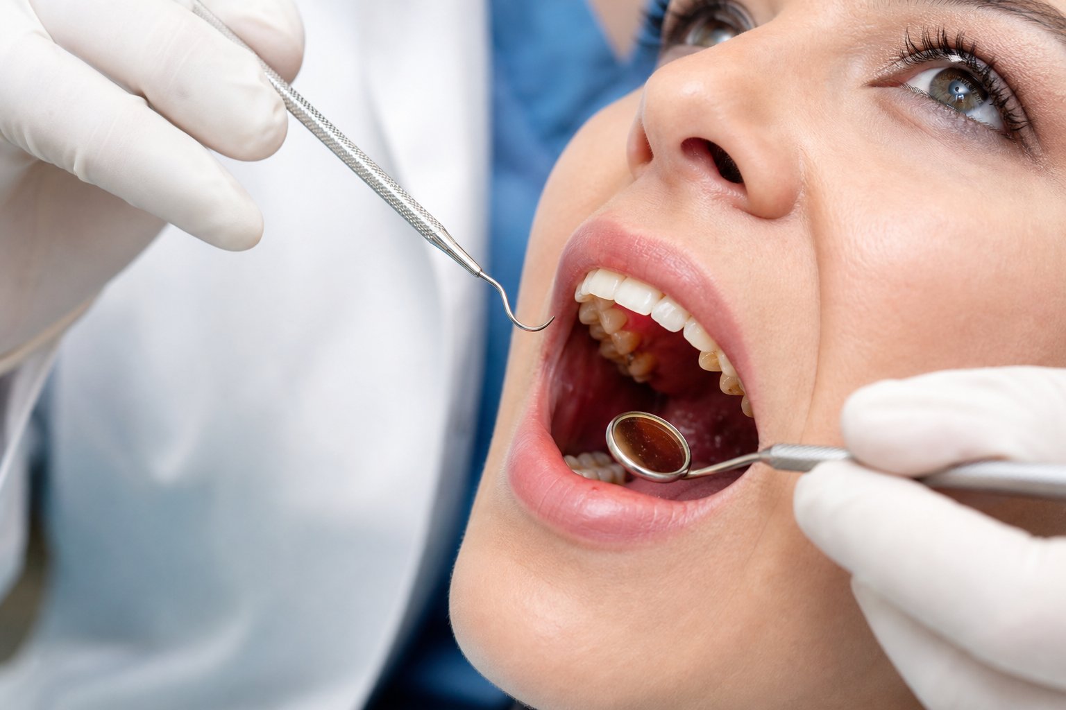 A dental professional examining a patient's teeth for signs of infection in a dental clinic.