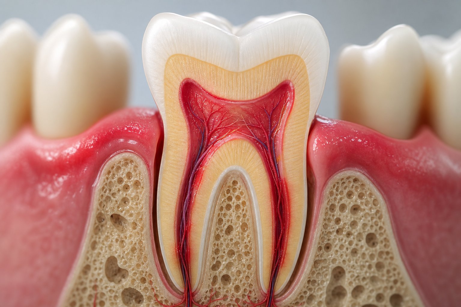 Cross-sectional view of a human tooth showing the internal root canal area with inflamed pulp and surrounding gums.