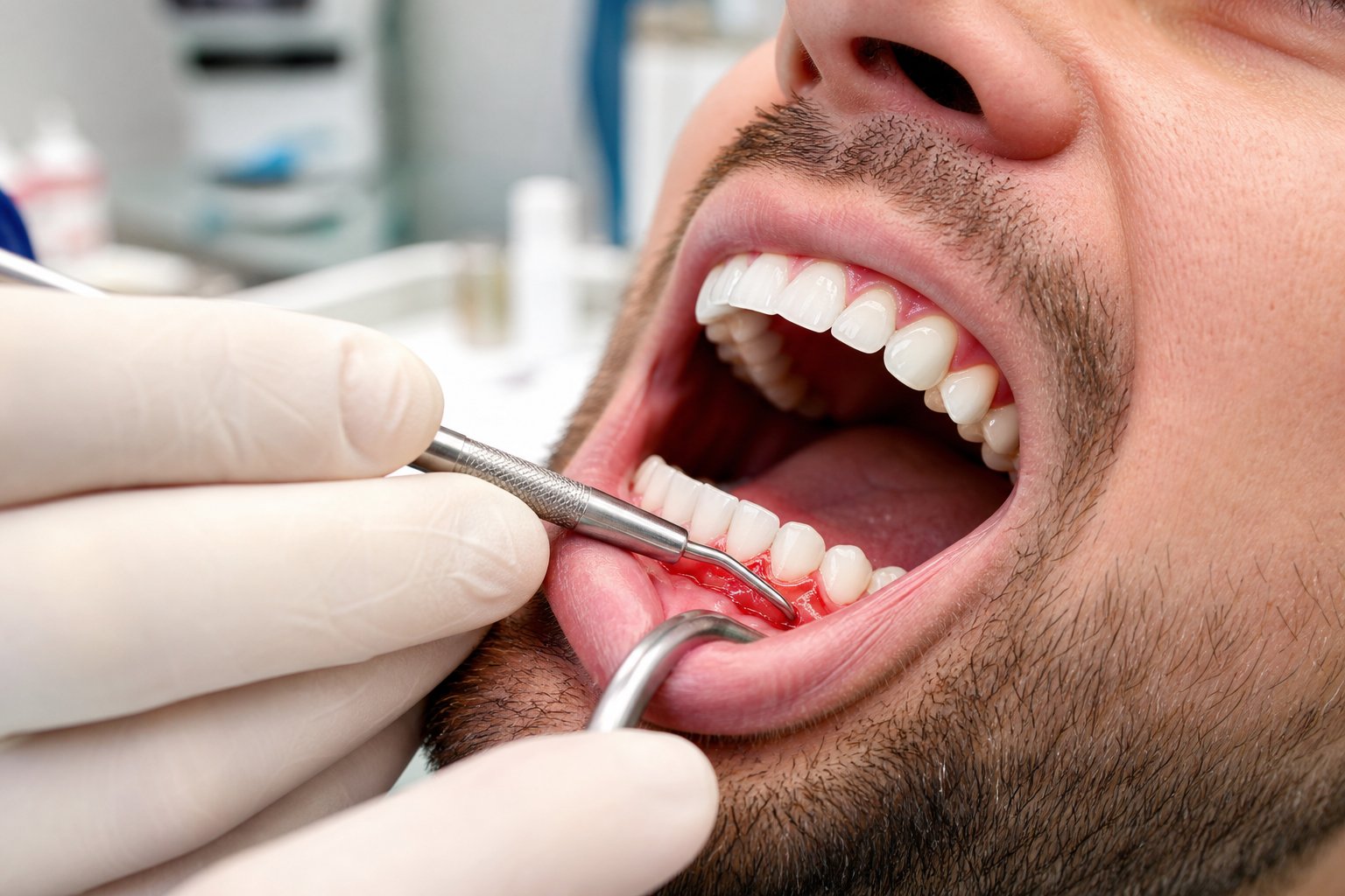 Close-up of a dentist performing a gum grafting procedure on a patient's open mouth in a dental clinic.