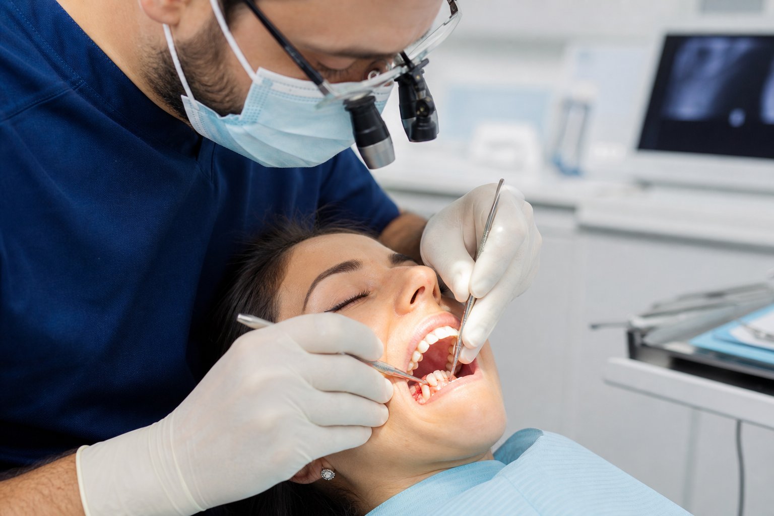 Dentist performing a gum graft procedure on a patient in a dental clinic.