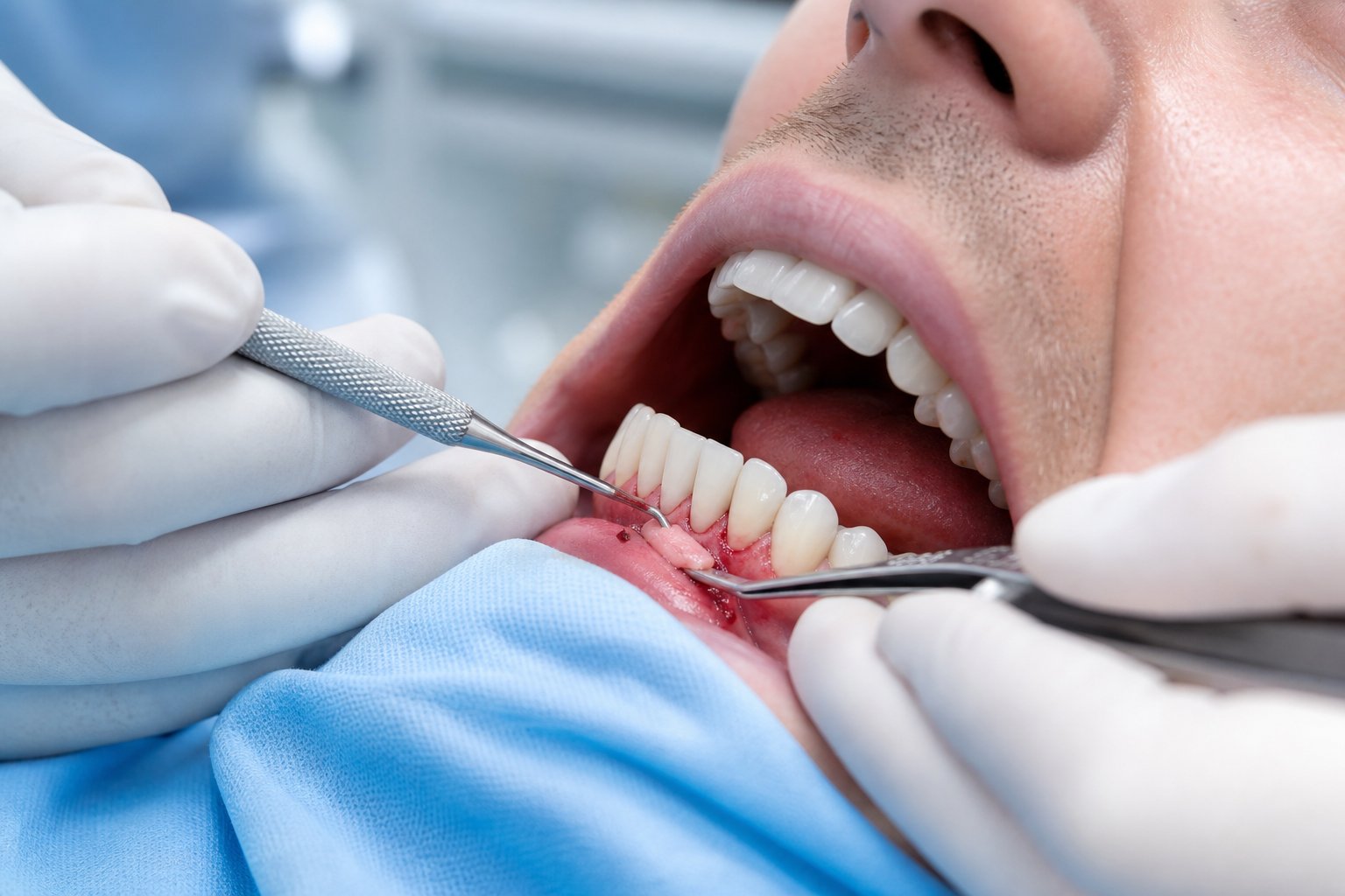 Close-up of a dentist performing a gum grafting procedure on a patient's open mouth in a dental clinic.