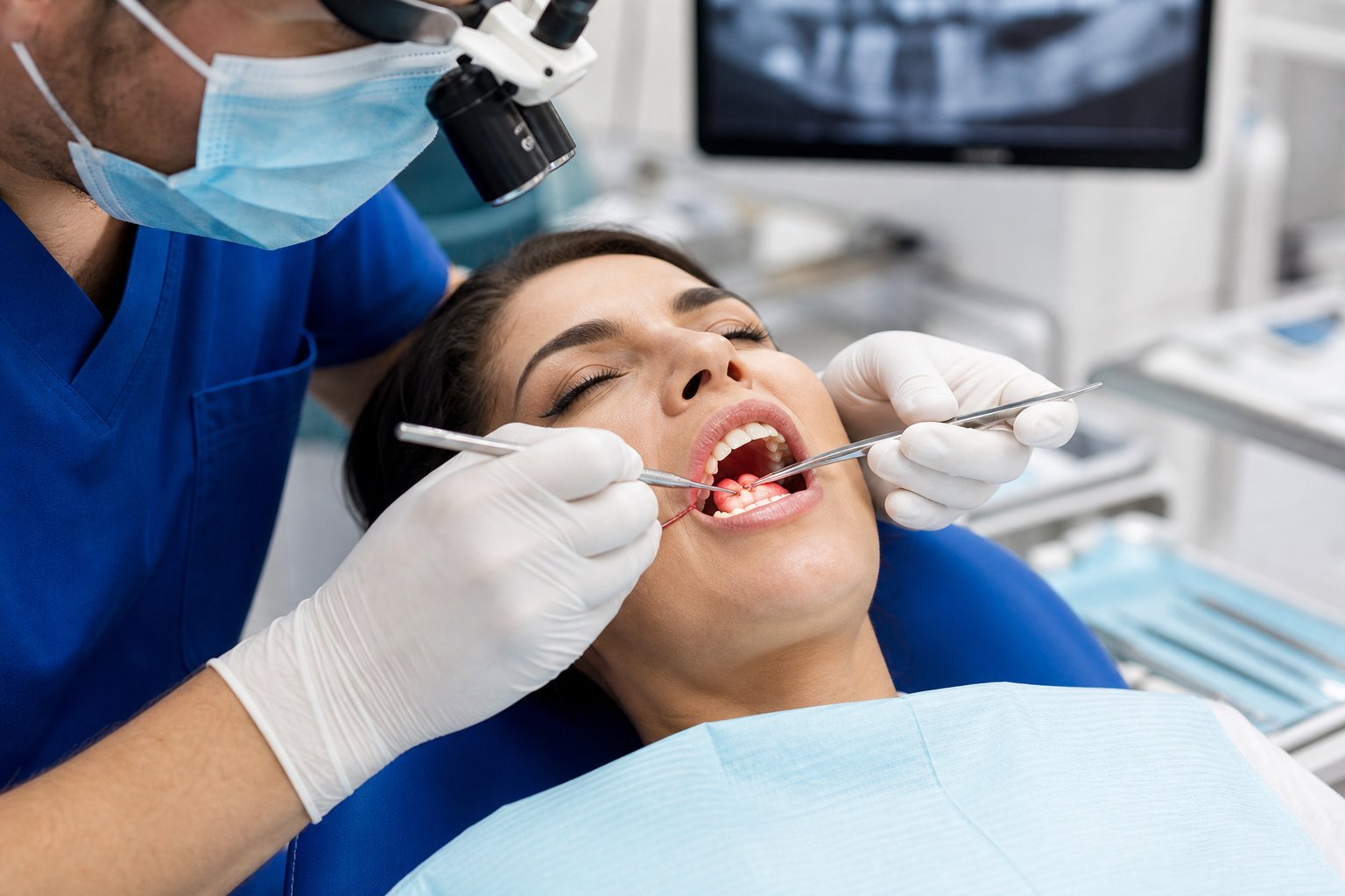 Dentist performing a gum grafting procedure on a patient in a dental clinic.